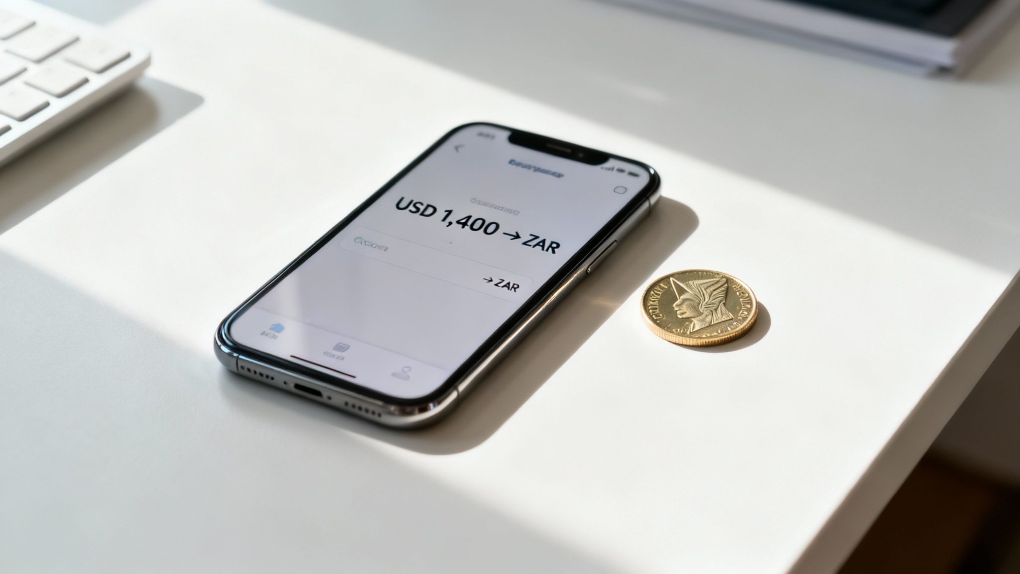 A hand holding a smartphone displaying a currency conversion from USD to ZAR, with charts and graphs in the background.