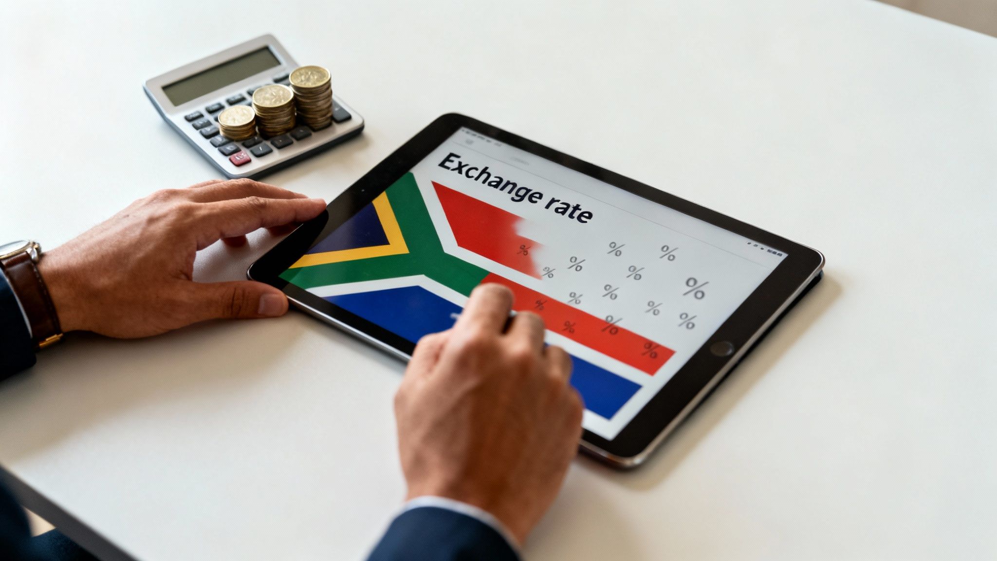 Person's hands holding a tablet displaying South African flag and exchange rate, with calculator and coins.