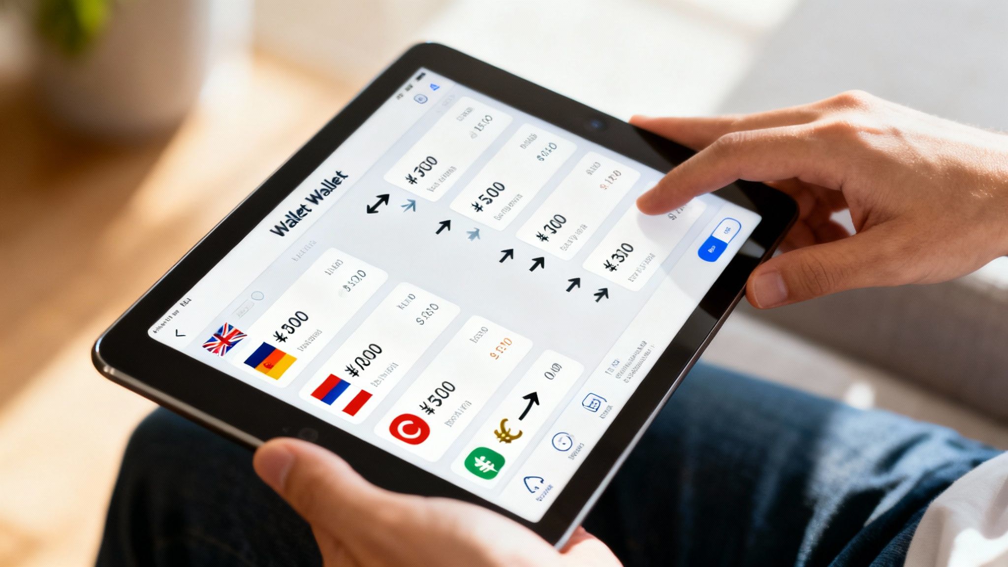 A person managing international payments on a laptop, with charts and currency symbols in the background.