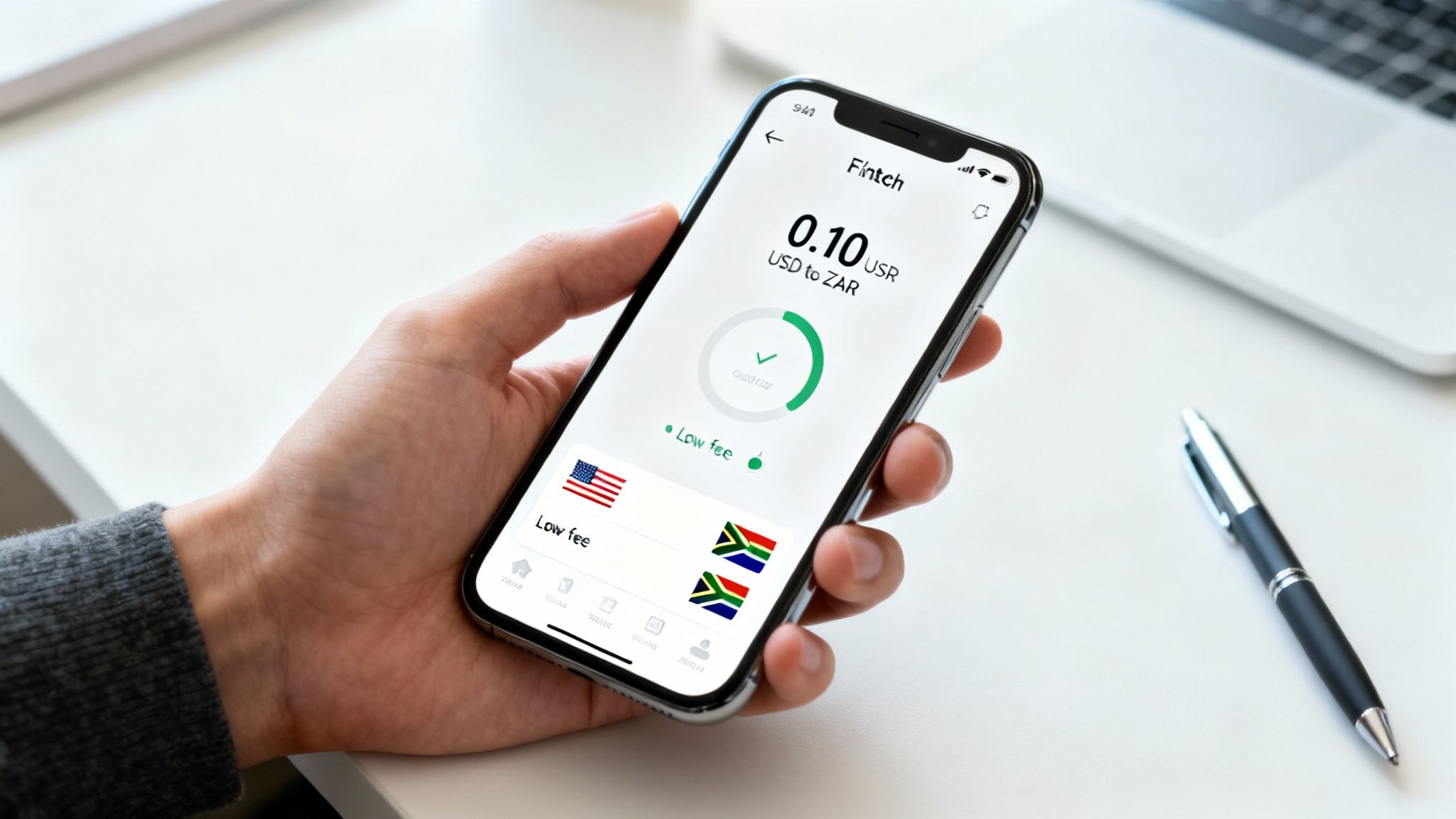 A person managing international payments on a laptop and smartphone