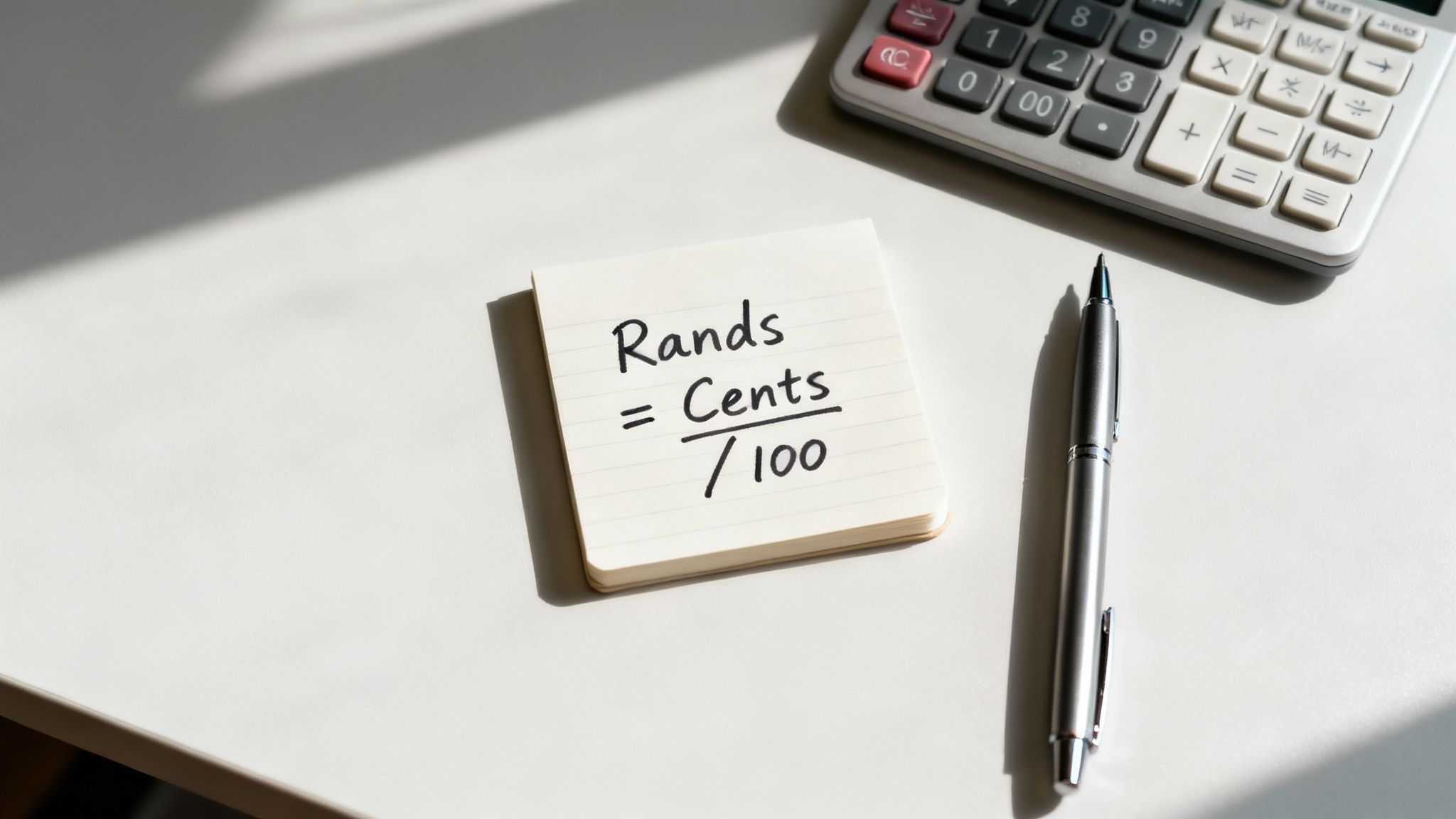 A sticky note displays a formula for converting cents to Rands, alongside a pen and calculator.