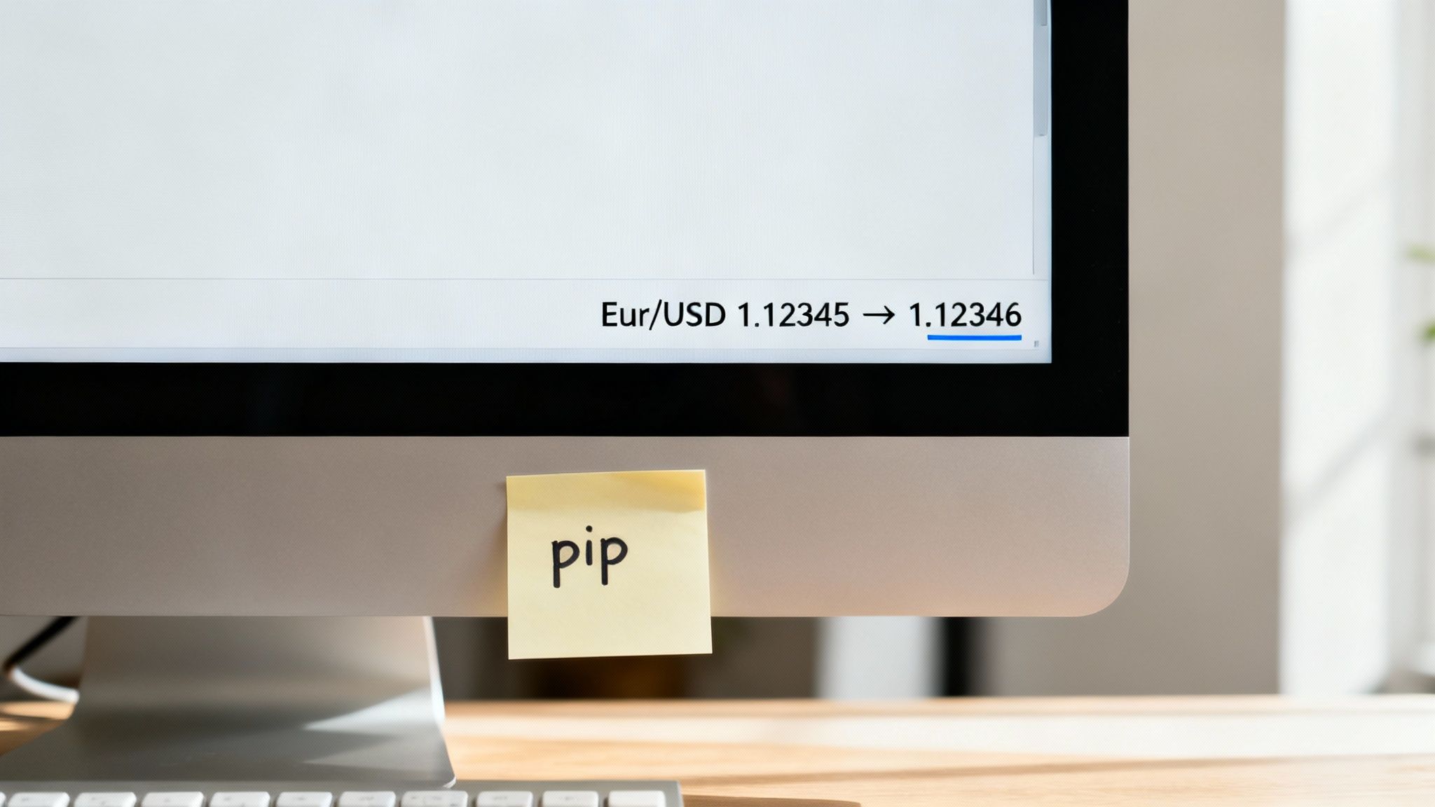A magnifying glass focusing on the fourth decimal place of a currency pair's price, visually representing a pip.