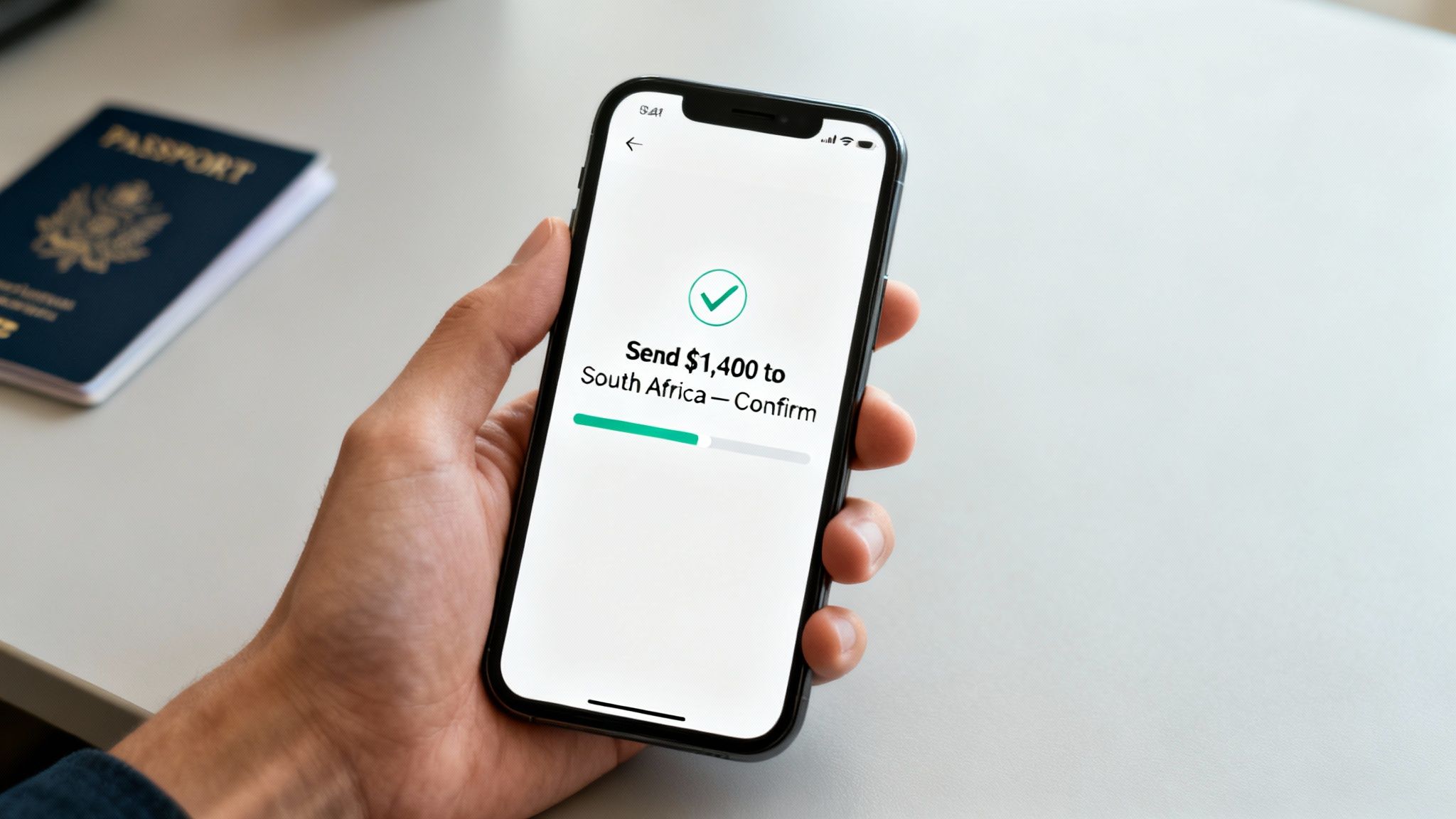 A person on a laptop completing an online money transfer, with icons for security and speed.