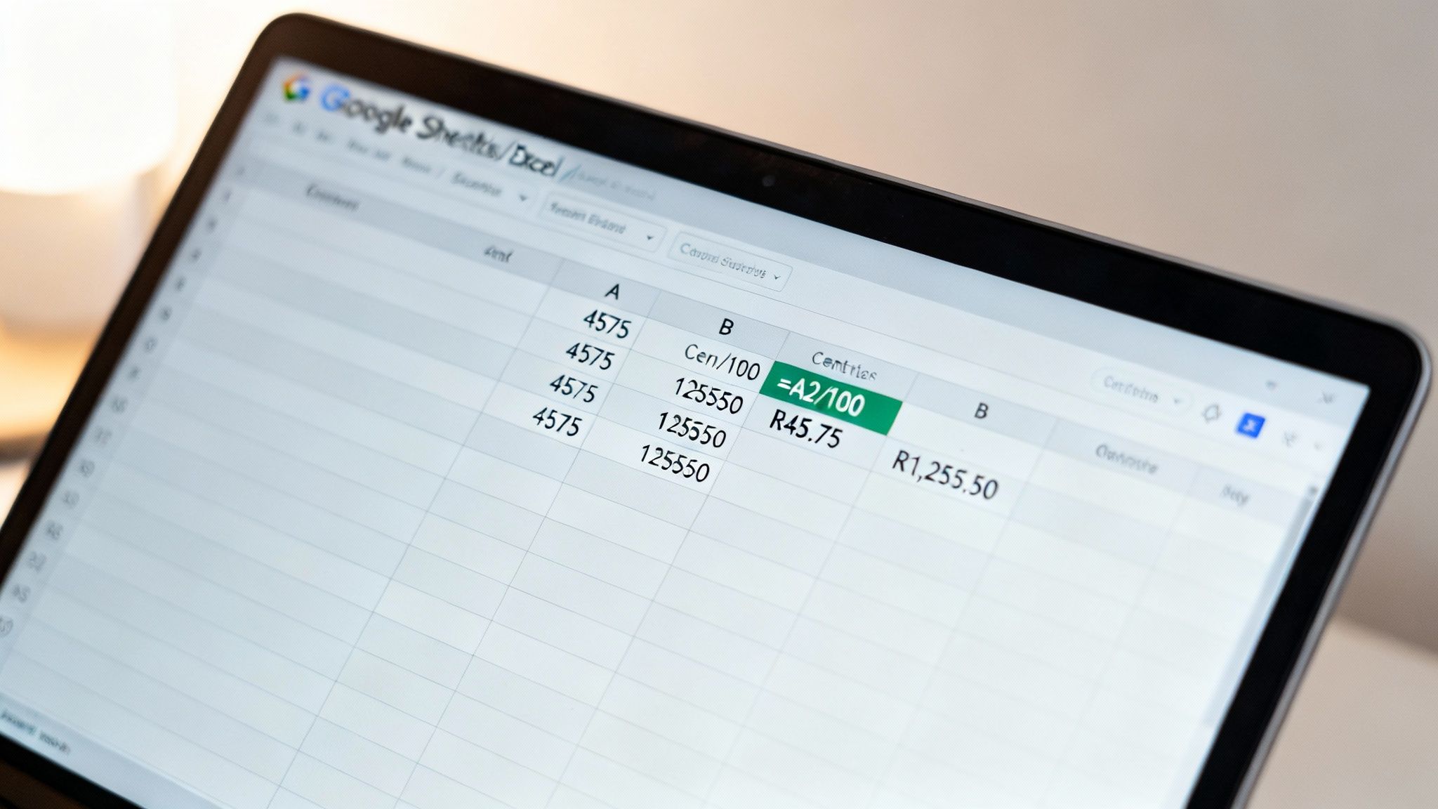 A laptop screen displays a Google Sheets spreadsheet with a formula converting cents to Rands.
