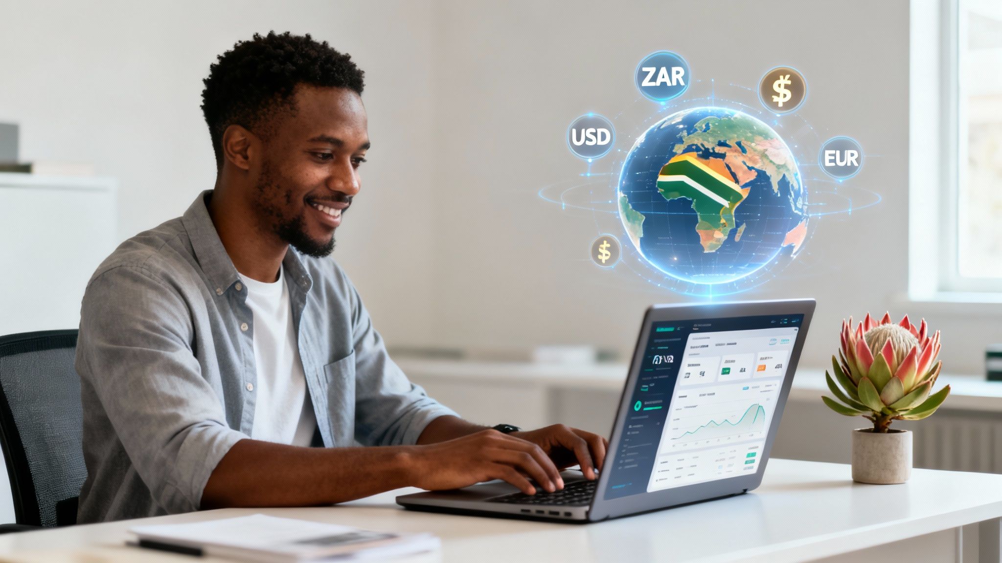 A man smiling while using a laptop with a holographic globe and currency symbols for international money transfers.
