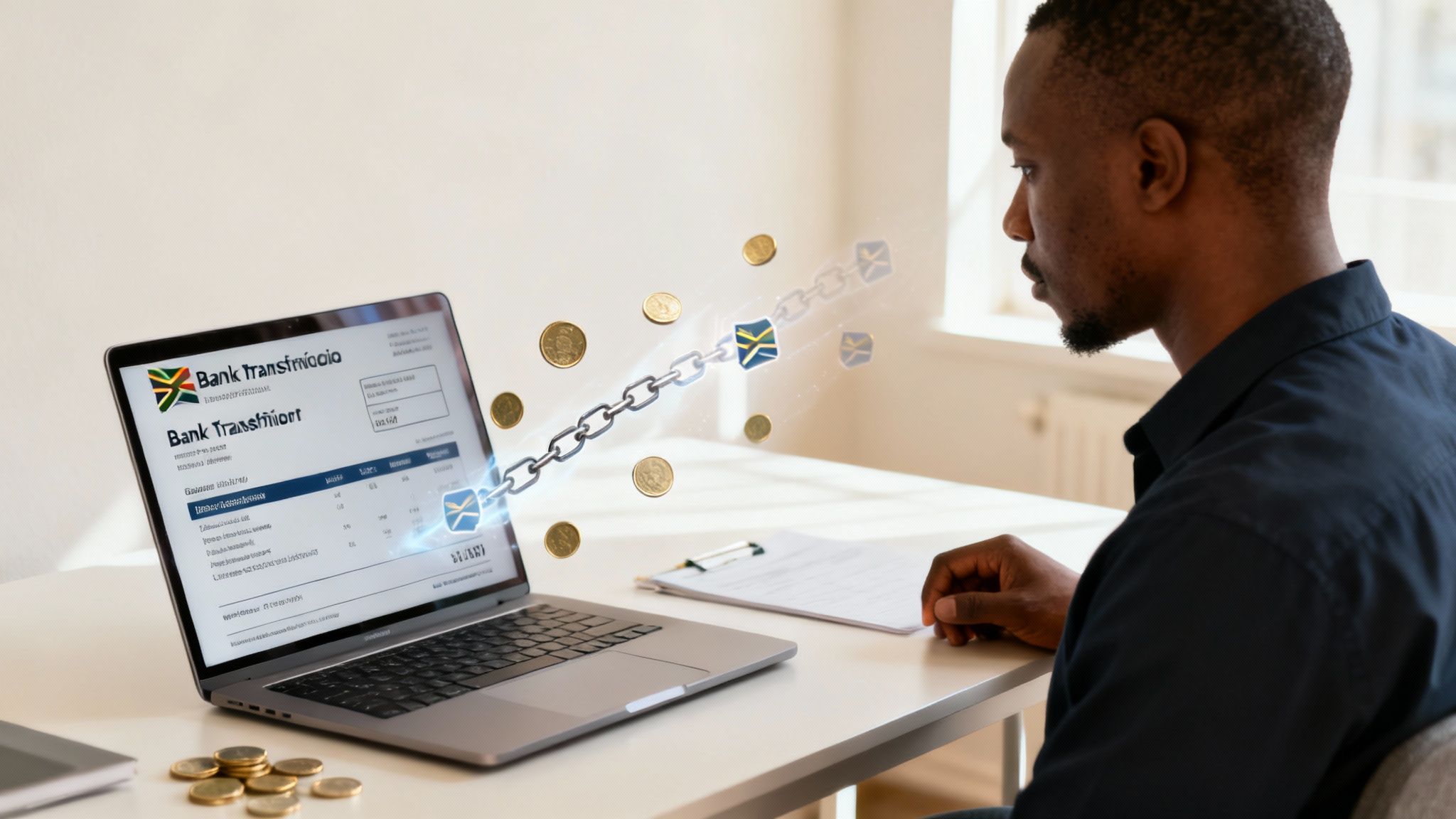 A man views a laptop displaying a financial interface with a blockchain and floating coins.