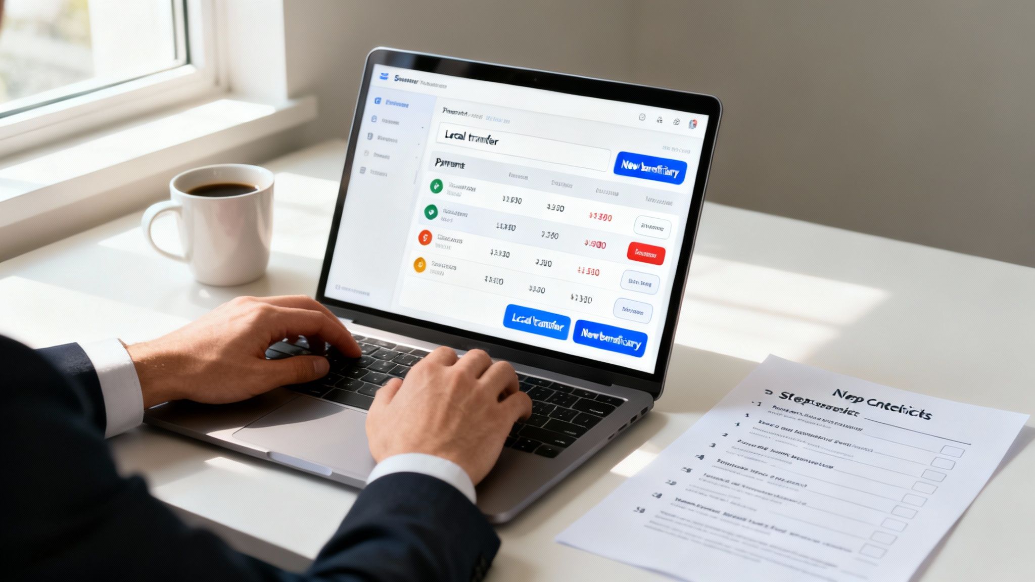 Overhead shot of a person using a laptop for local bank transfers on a white desk.