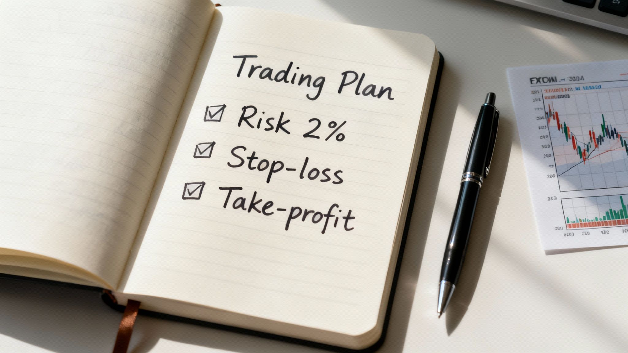 A trading plan notebook outlines risk management, stop-loss, and take-profit strategies, next to a pen and stock chart.