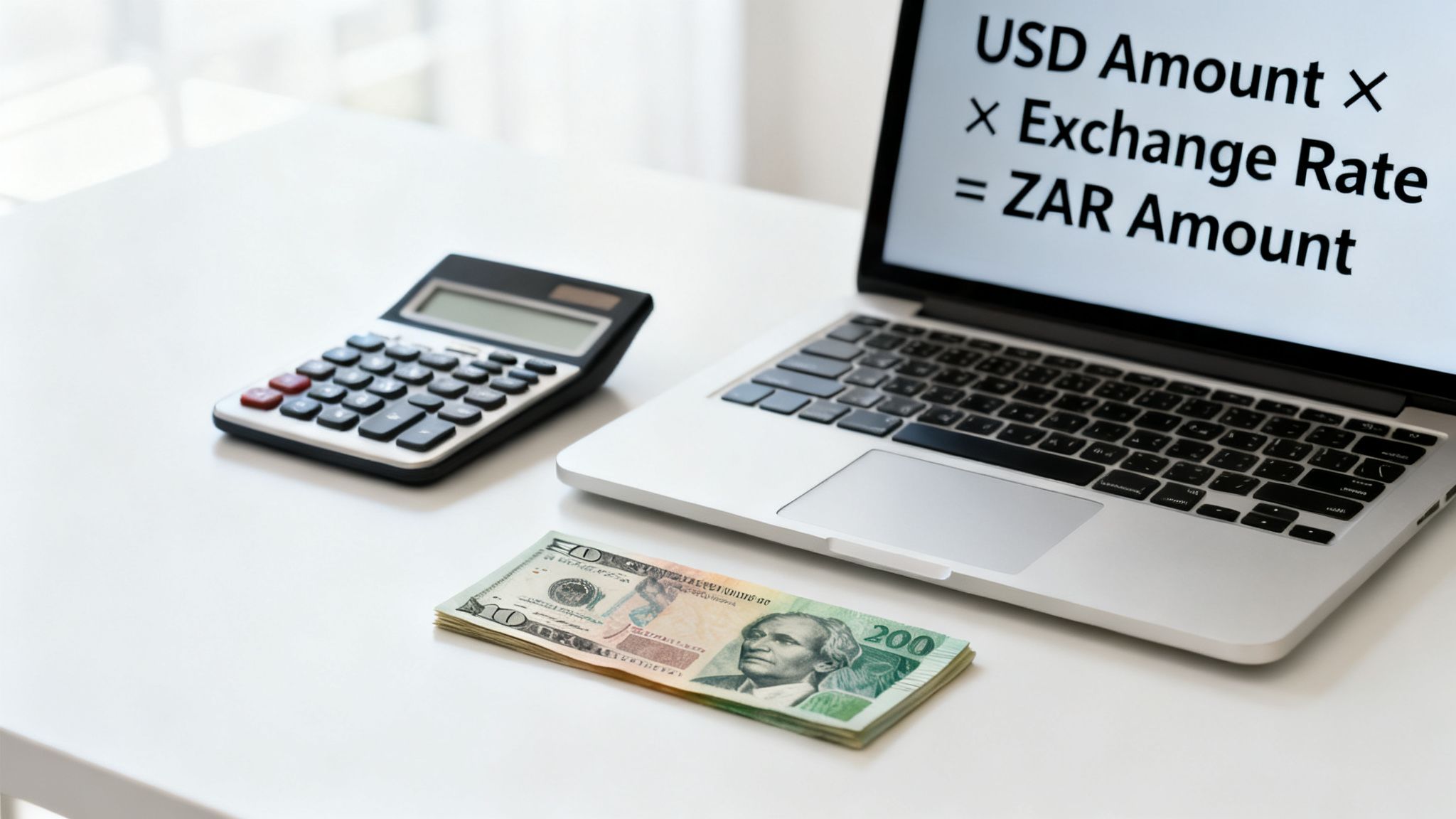 A calculator, laptop displaying currency exchange formula, and US dollars with South African Rand bills on a white desk.