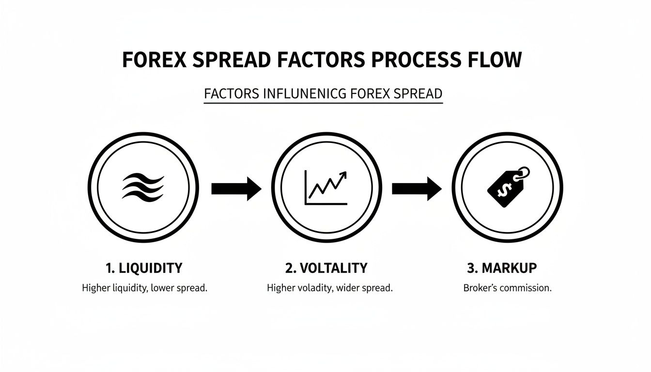 A process flow diagram illustrating three factors influencing FOREX spread: liquidity, volatility, and markup.