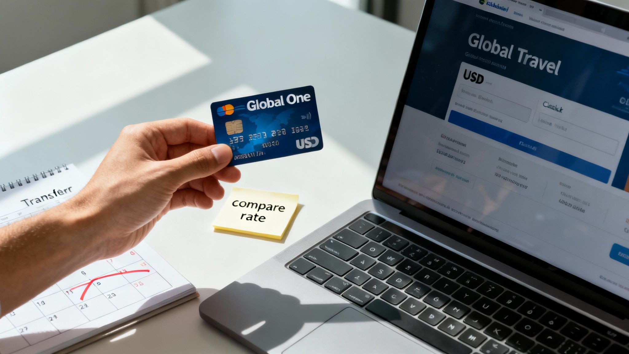 Hand holding a Global One credit card next to a laptop displaying 'Global Travel' and a 'compare rate' sticky note.