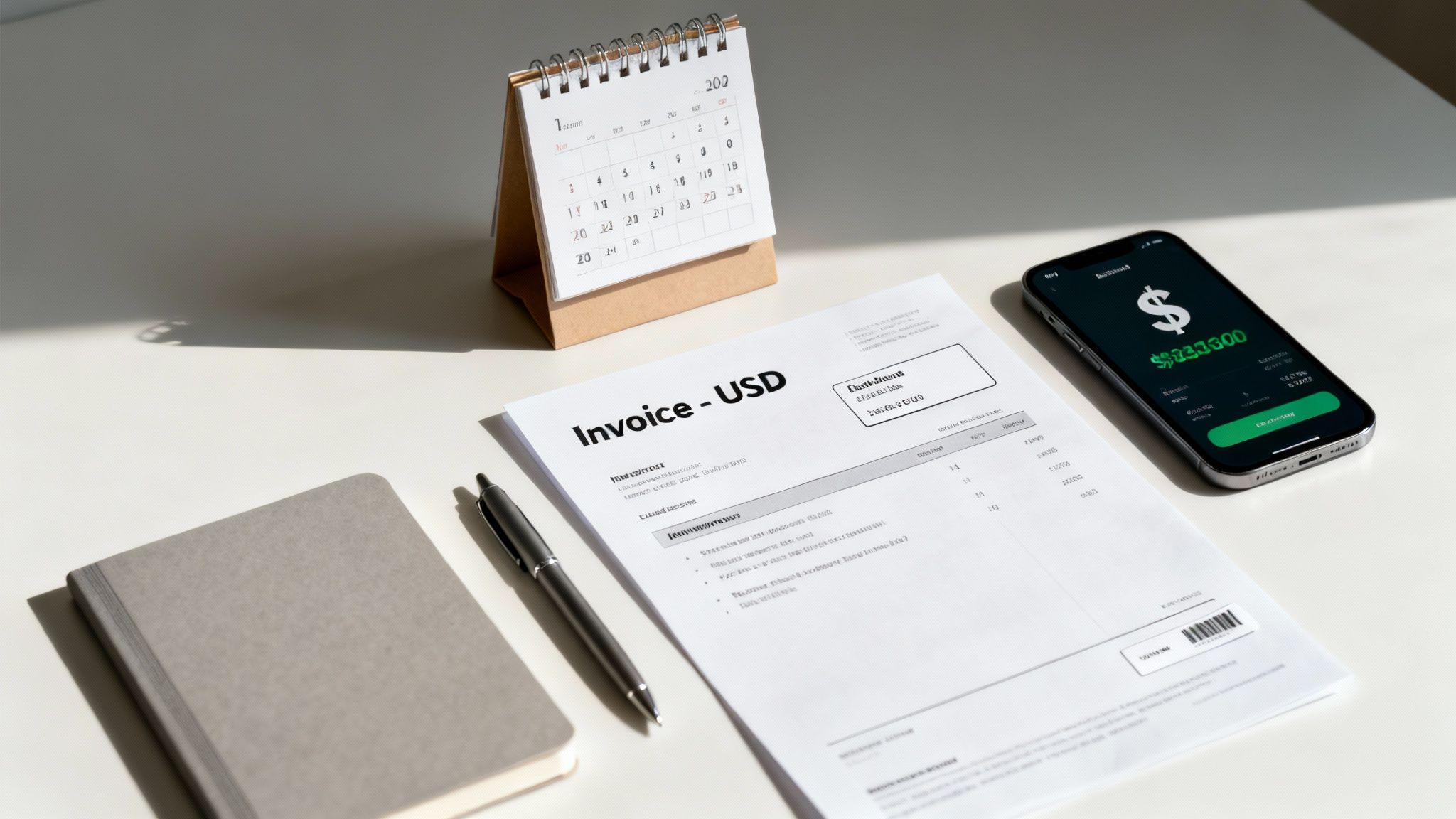 A desk setup with an invoice, a calendar, a smartphone showing a large dollar amount, a notebook, and a pen.
