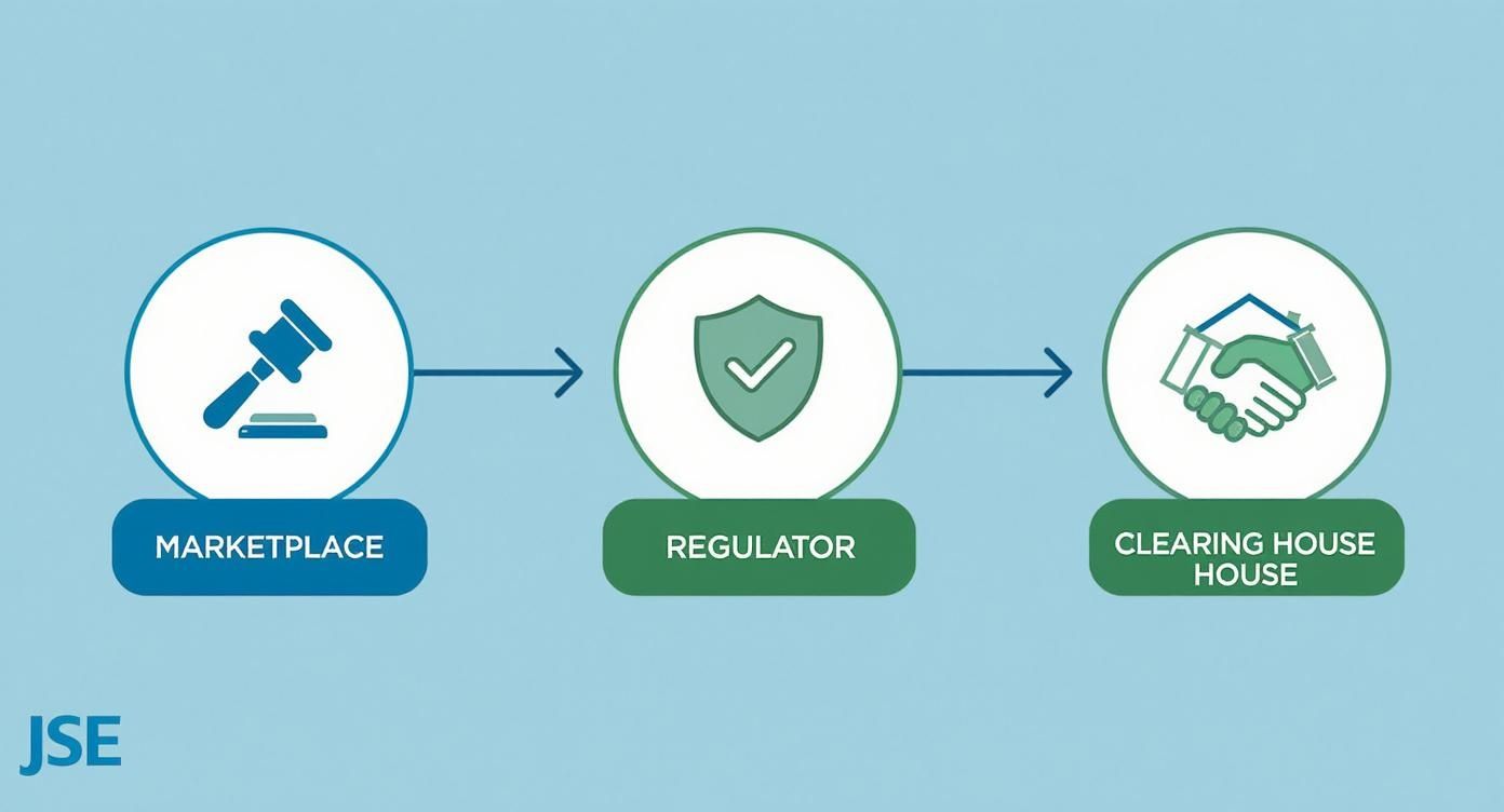 An infographic showing the process flow of the JSE's role, with icons for Marketplace, Regulator, and Clearing House in a horizontal flow.