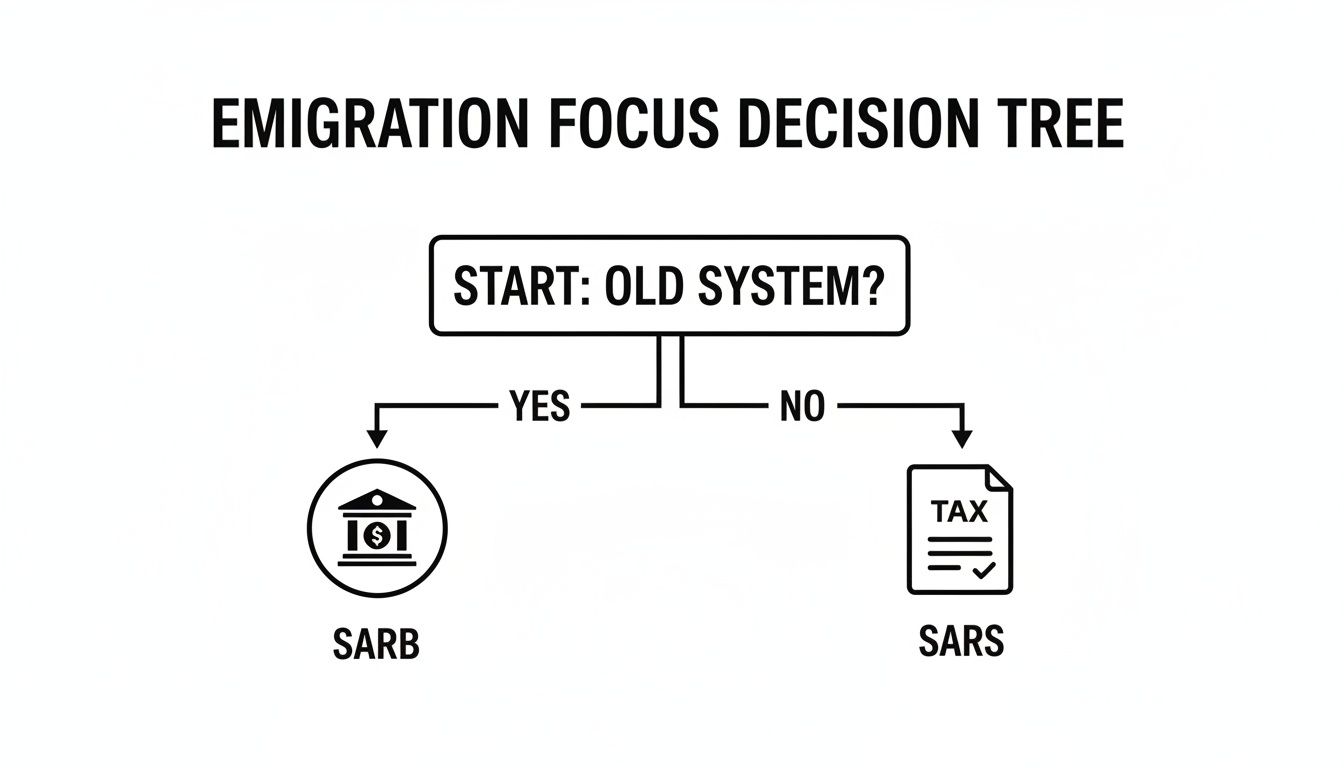 Emigration focus decision tree illustrating paths to SARB if 'Old System?' is 'Yes', or SARS if 'No'.