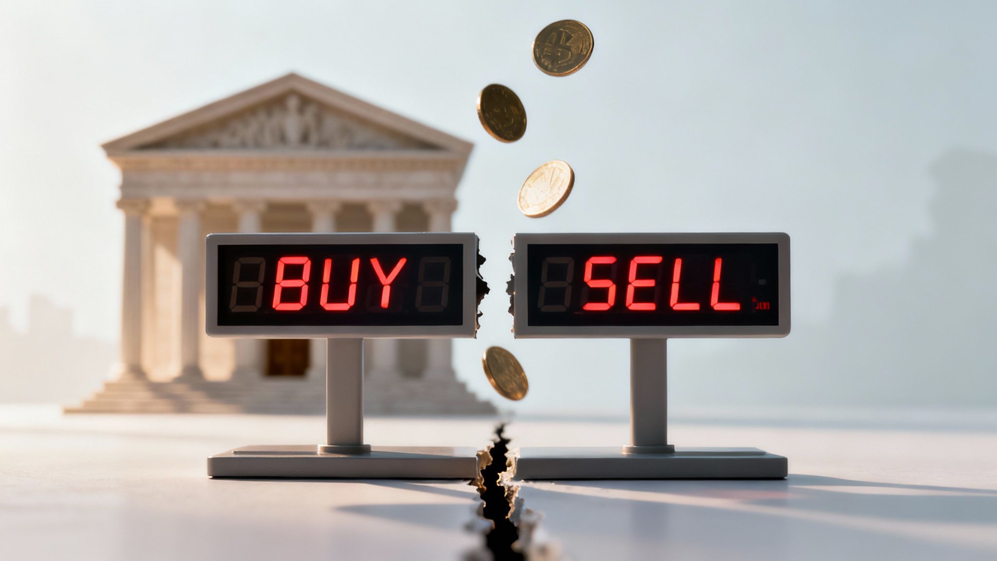 Broken 'BUY' and 'SELL' digital displays on a cracked surface with falling coins, in front of a courthouse.