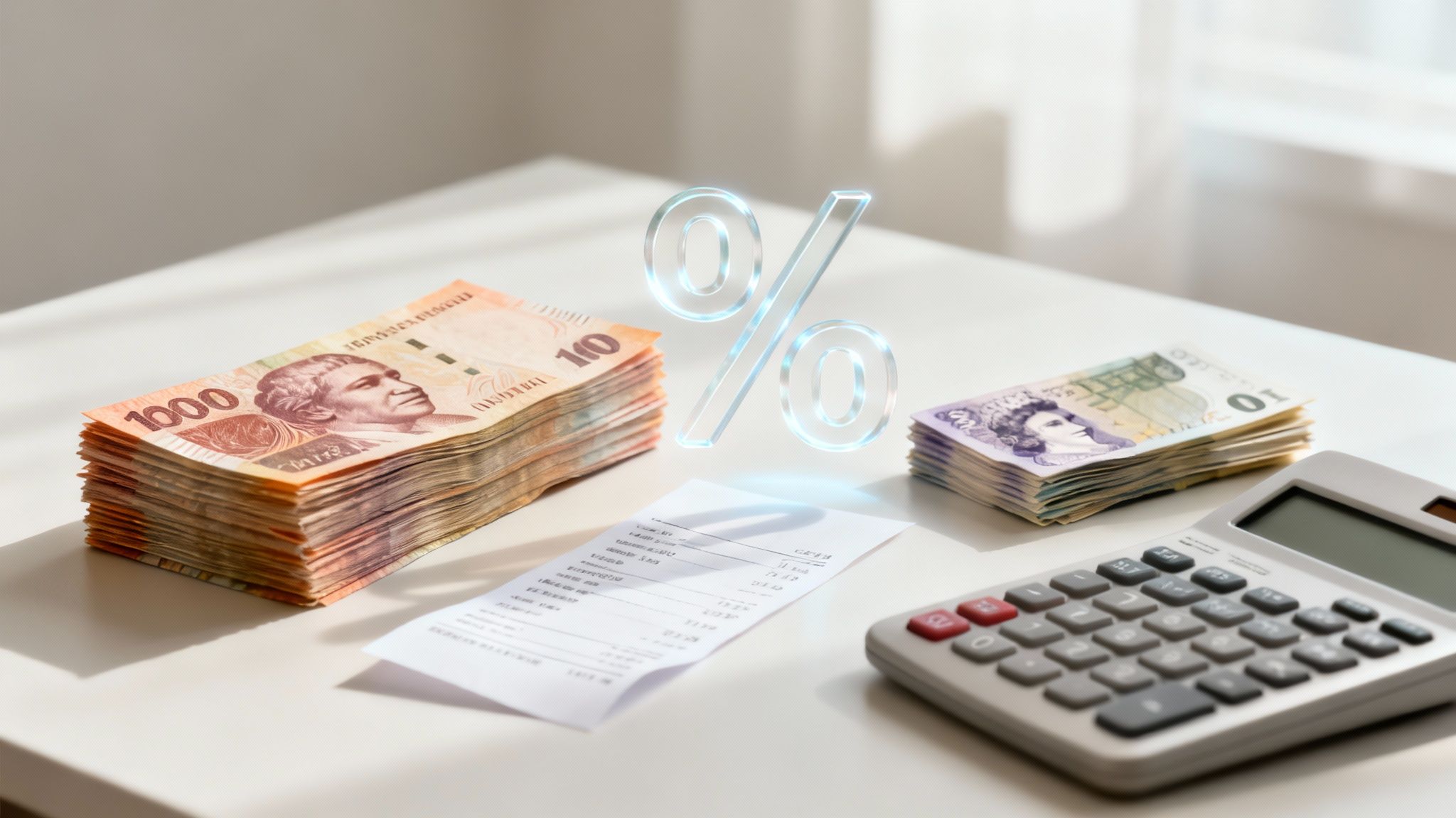 Financial scene with stacks of money, a calculator, receipt, and a glowing percentage symbol.