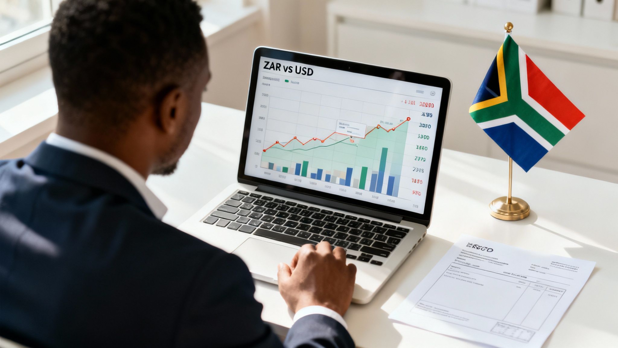 African businessman analyzing ZAR vs USD exchange rate on laptop with South African flag.