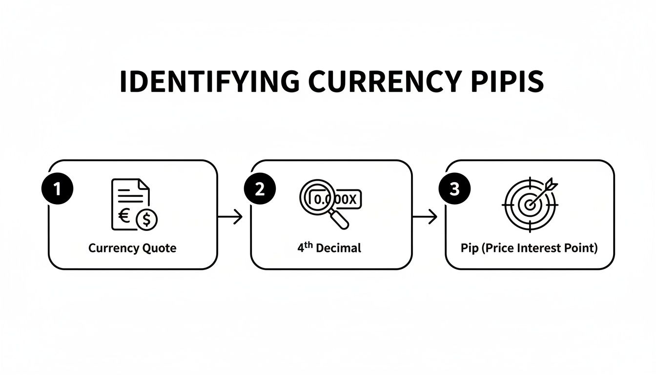 A three-step flowchart explaining how to identify currency pips, from a currency quote to the 4th decimal place.