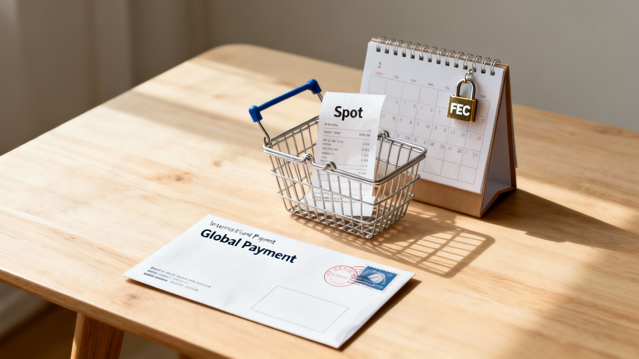 Financial items on a wooden table: miniature shopping cart with receipt, calendar with FEC padlock, and global payment envelope.