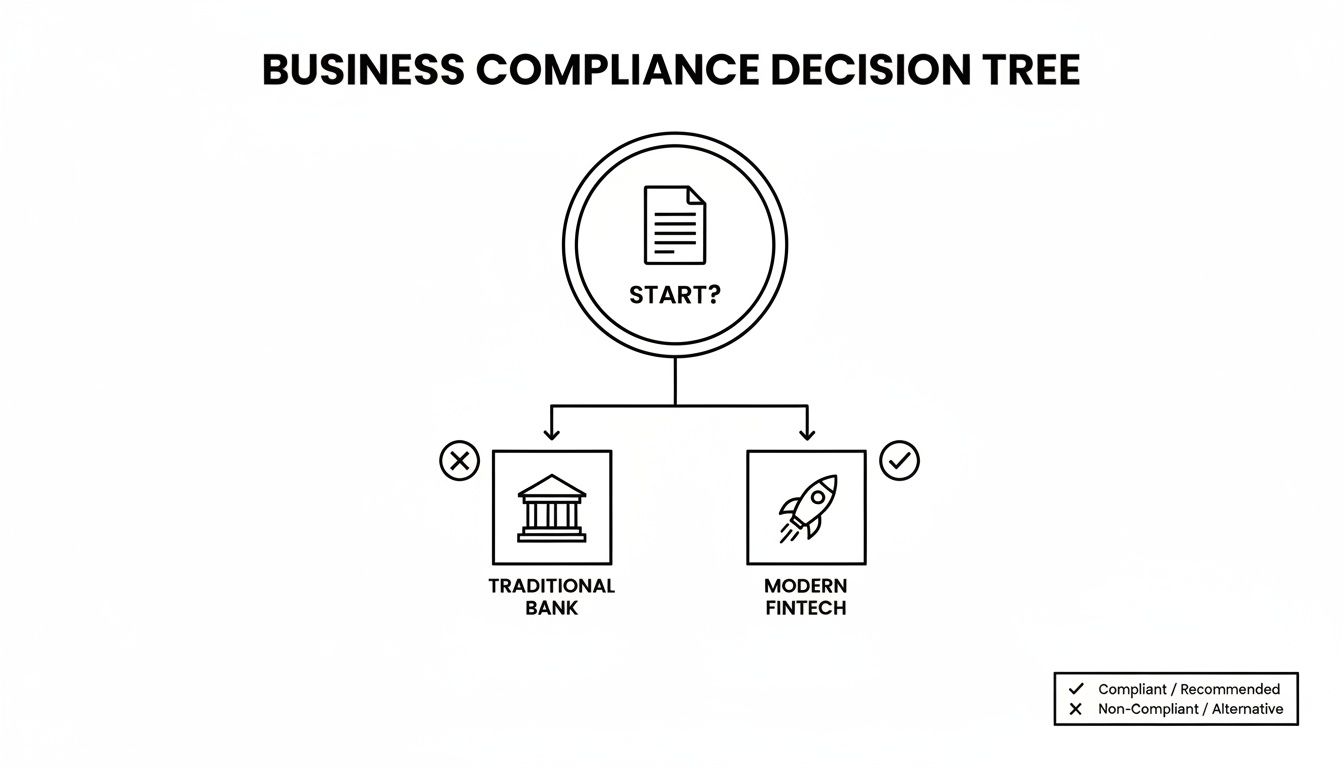 A business compliance decision tree recommending modern fintech over traditional banks.