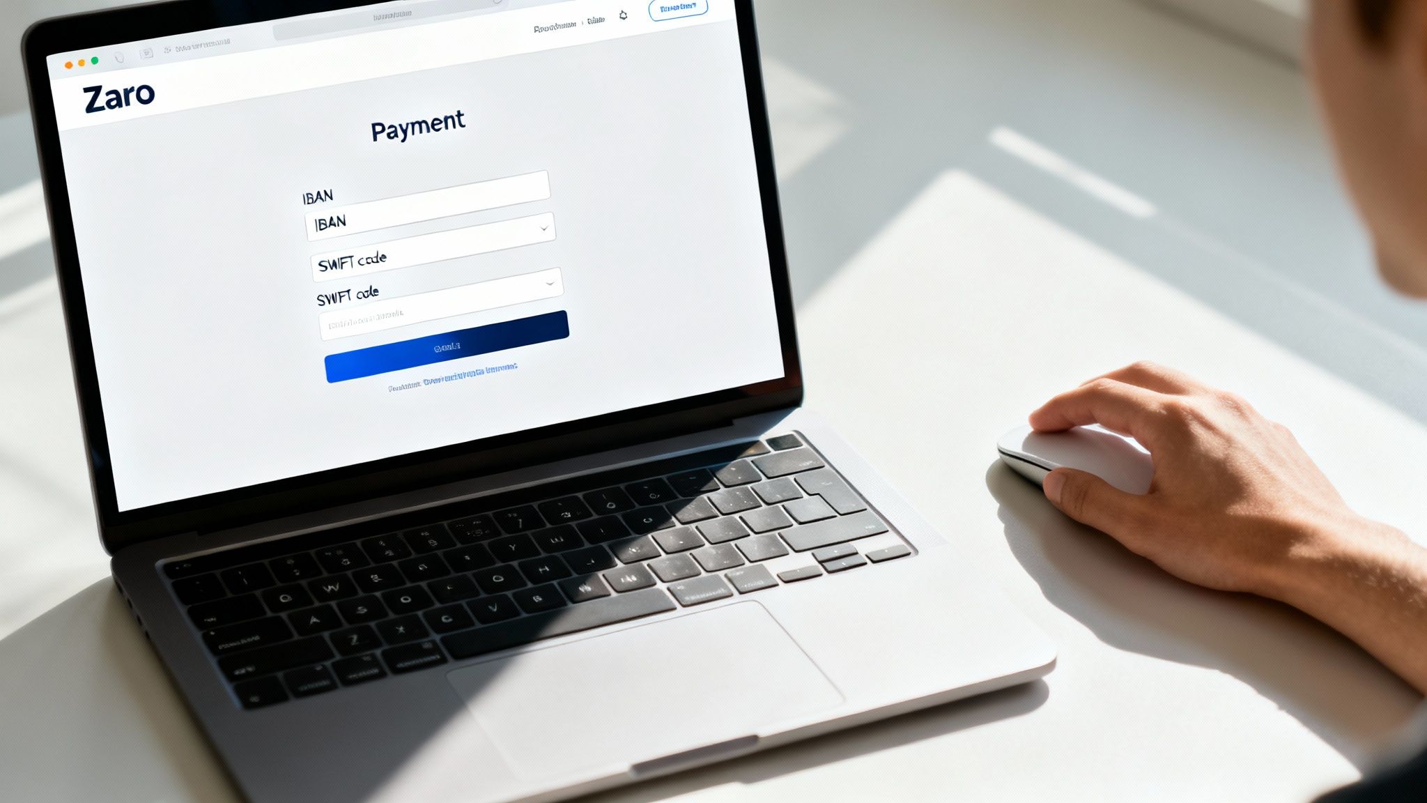 A screenshot of the Zaro payment execution screen, showing fields for beneficiary, payment amount, exchange rate, and a final confirmation button.