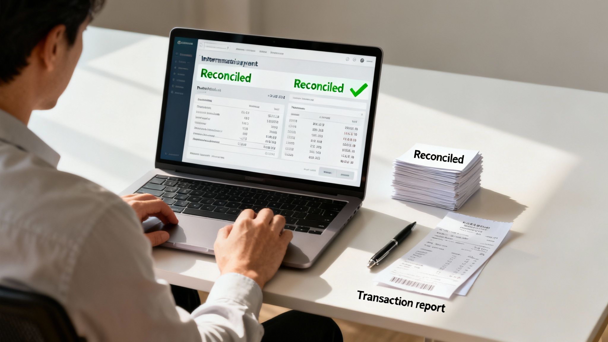Person reconciling financial transactions on a laptop, with a stack of reconciled documents and a receipt.