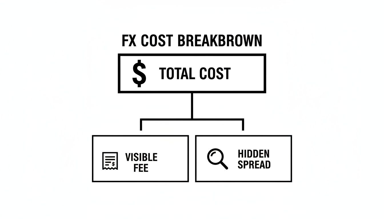 A flowchart illustrating the breakdown of foreign exchange (FX) total costs into visible fees and hidden spreads.