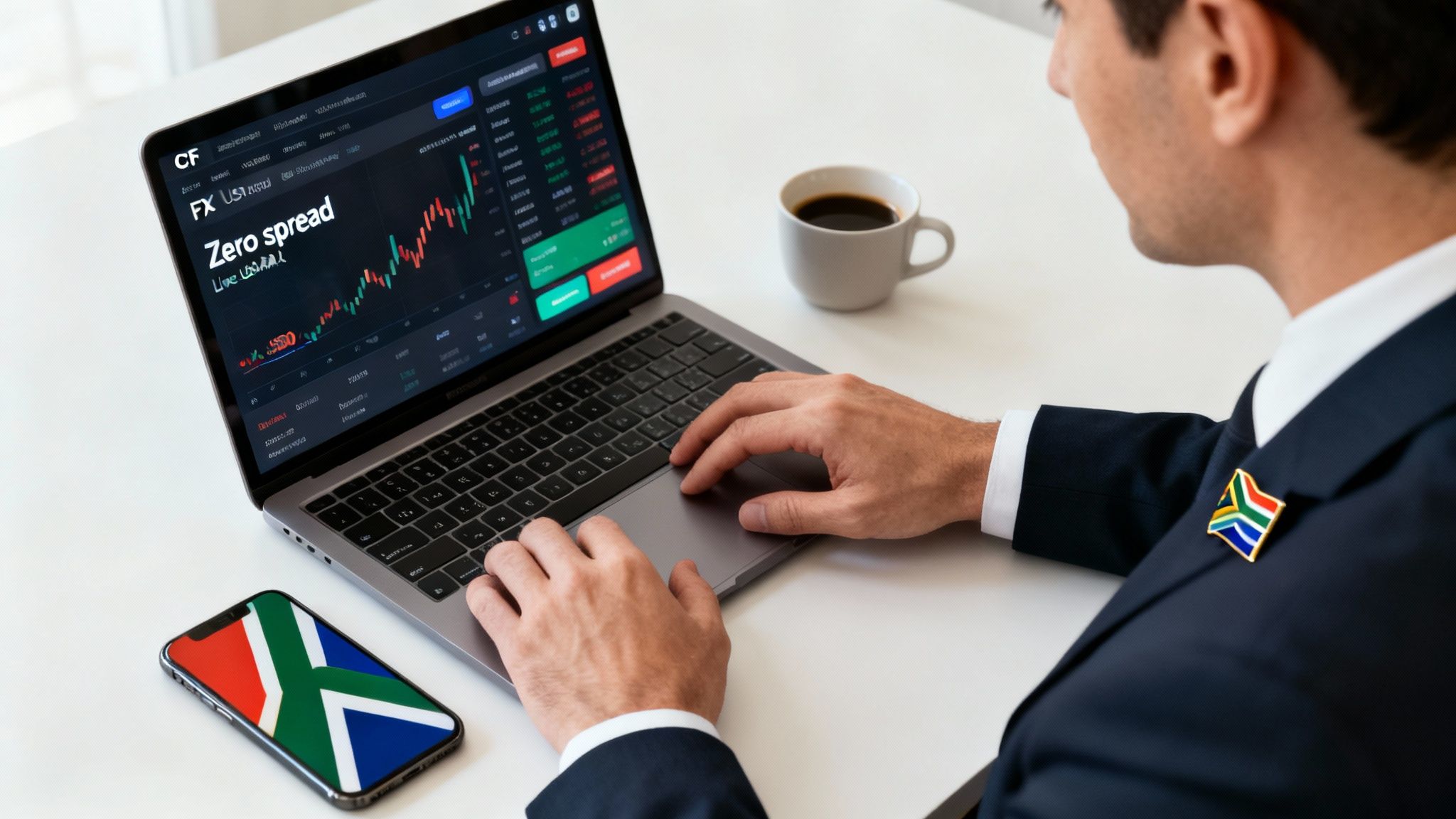 A man in a suit actively trading forex on a laptop, with South African flag items.