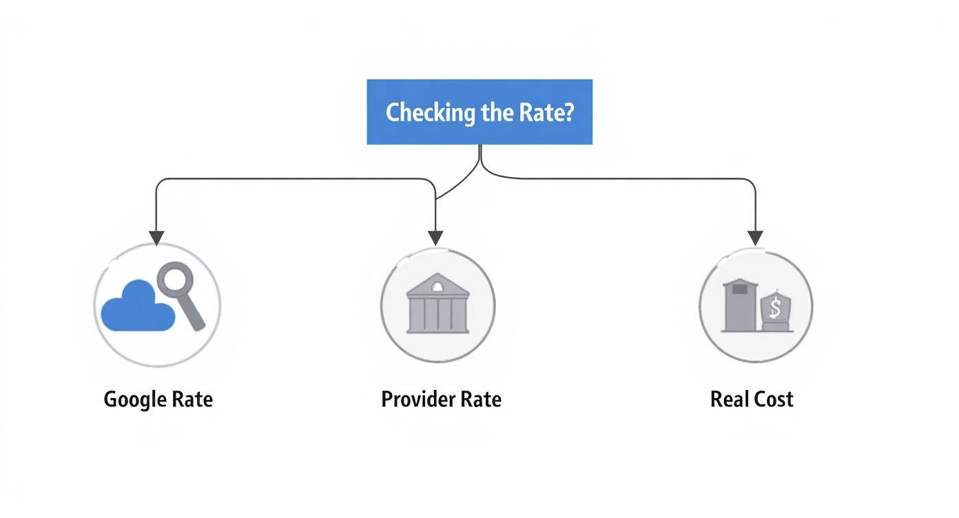 An infographic decision tree showing that the Google Rate is not a real rate for transactions, while the Provider Rate represents the real cost of a Johannesburg currency exchange.