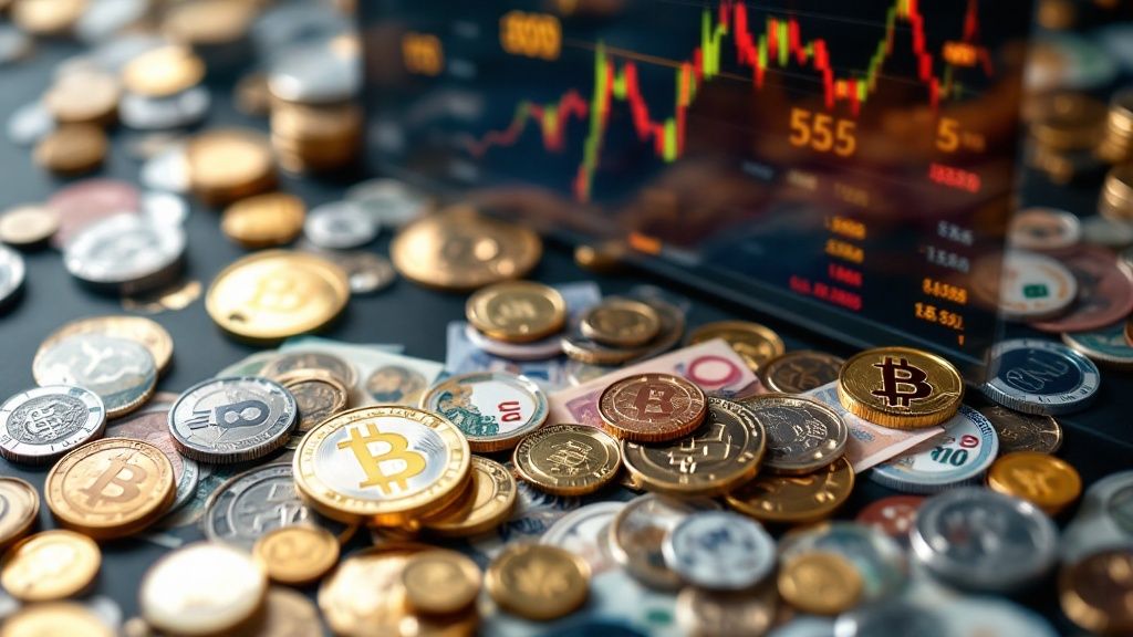 A magnifying glass hovering over a stack of coins and banknotes, symbolizing the hidden costs in international money transfers.
