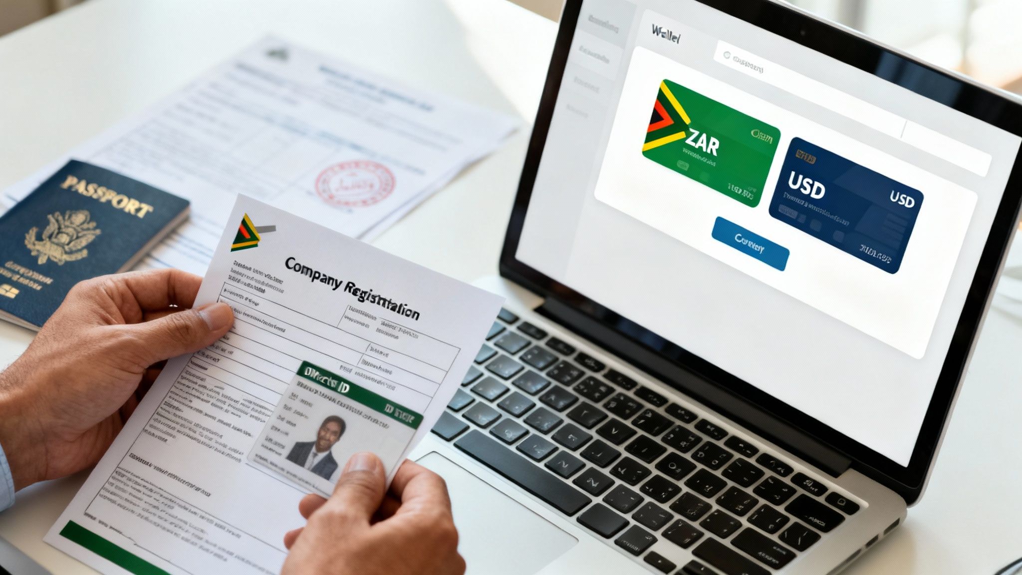 A person holds company registration documents and an ID card, with a passport and laptop displaying currency options.