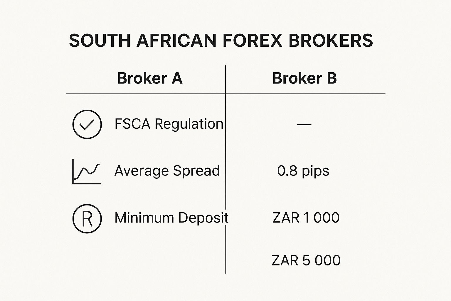 Infographic comparing two forex brokers in South Africa based on FSCA regulation, spreads, and minimum deposit.