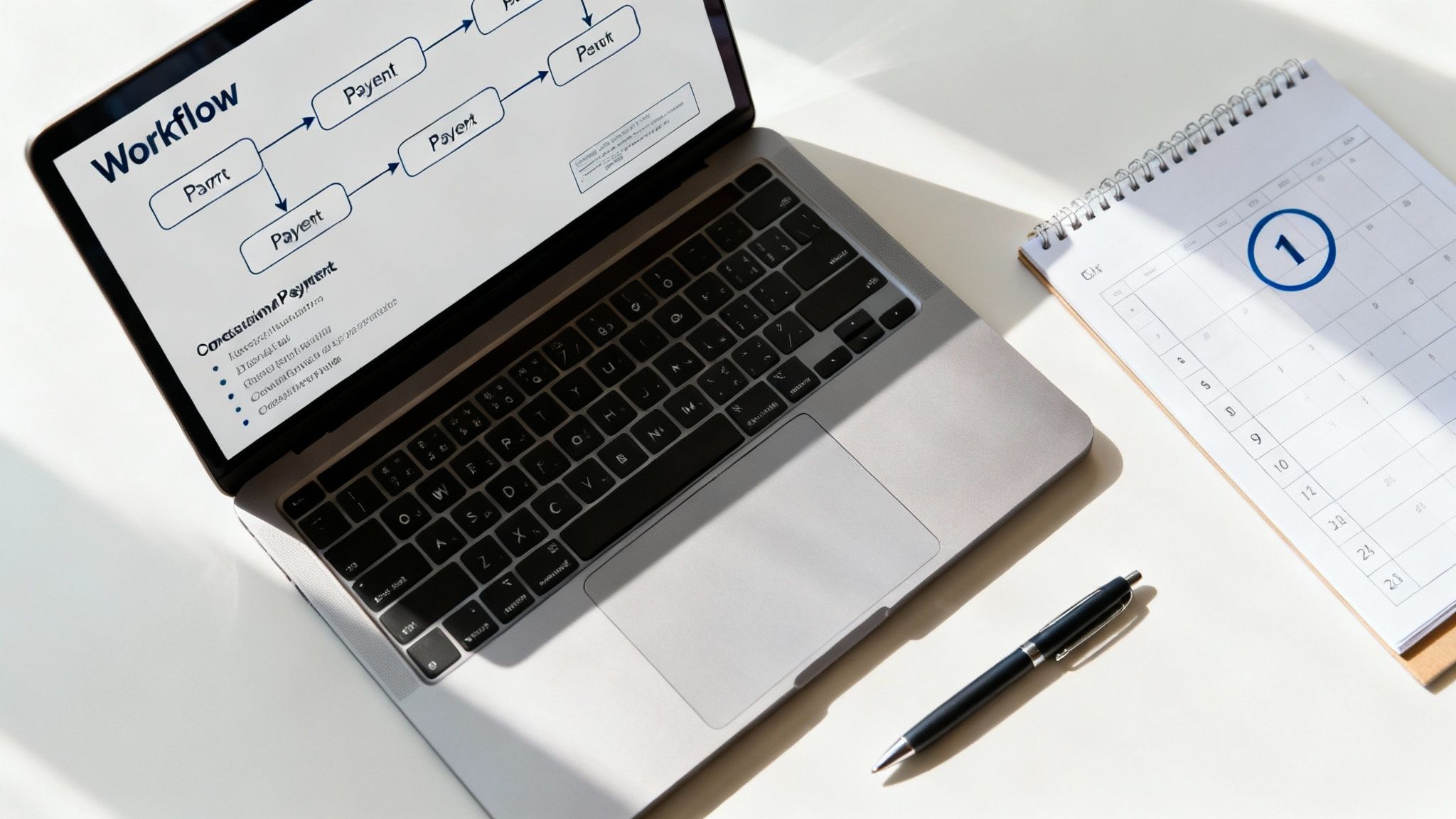 Laptop displaying workflow diagram with payment processes alongside calendar and pen on desk