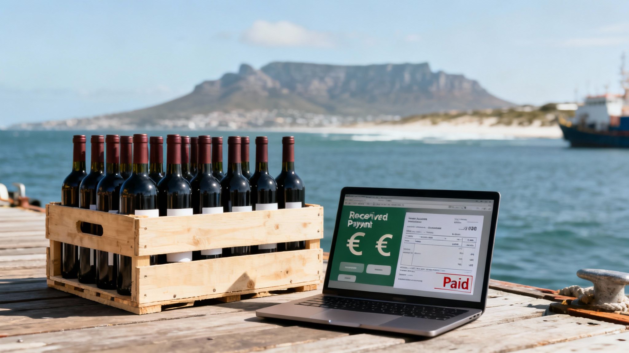 Wine bottles and a laptop showing received payment on a pier, symbolizing global trade and finance.