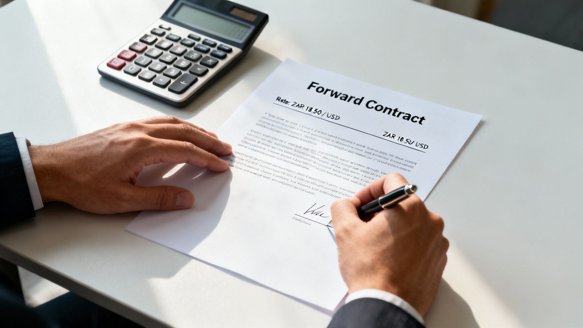 Close-up of a person signing a forward contract document with a pen, a calculator nearby.