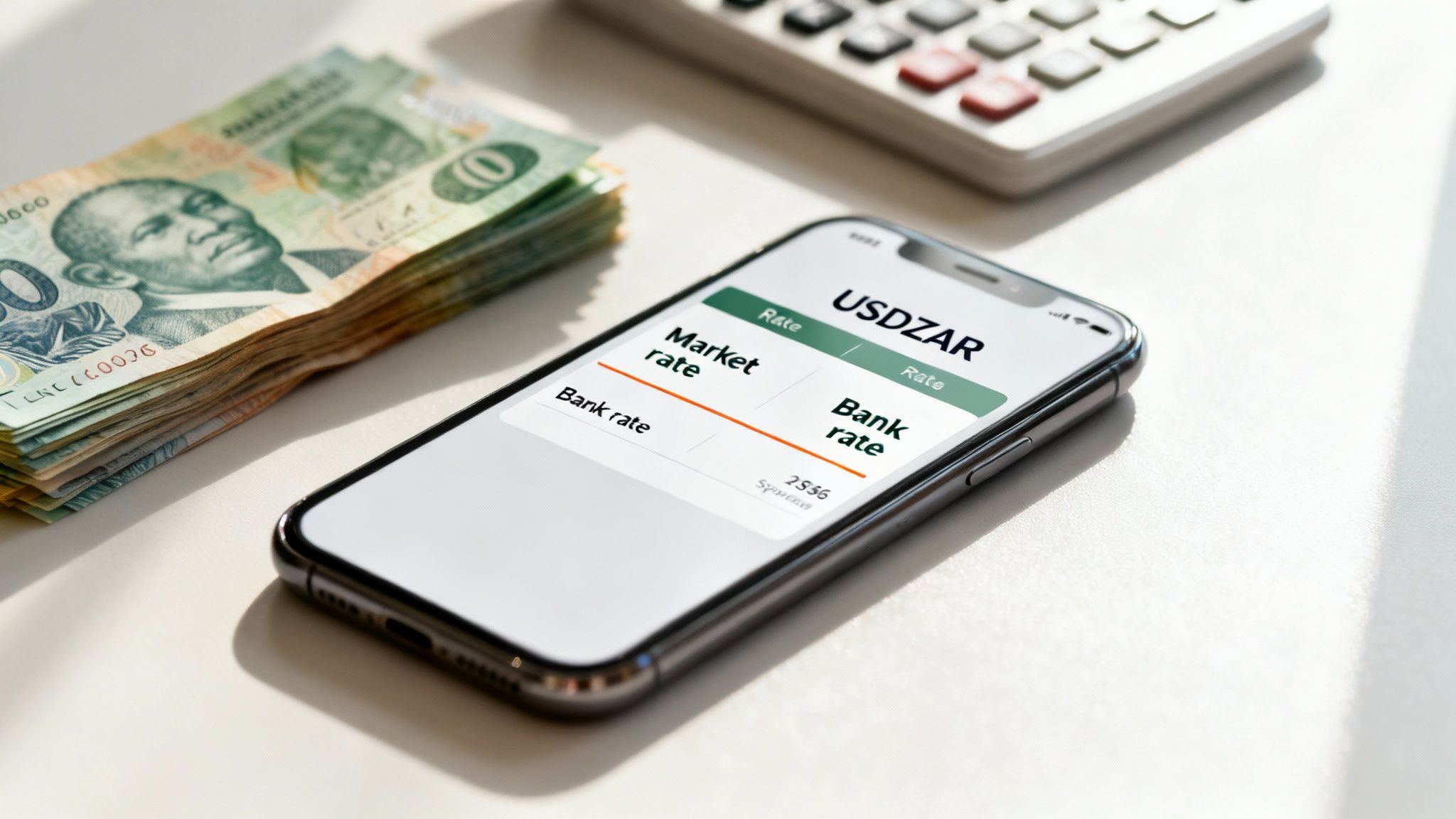 A smartphone displays USDZAR exchange rates alongside South African Rand banknotes and a calculator.
