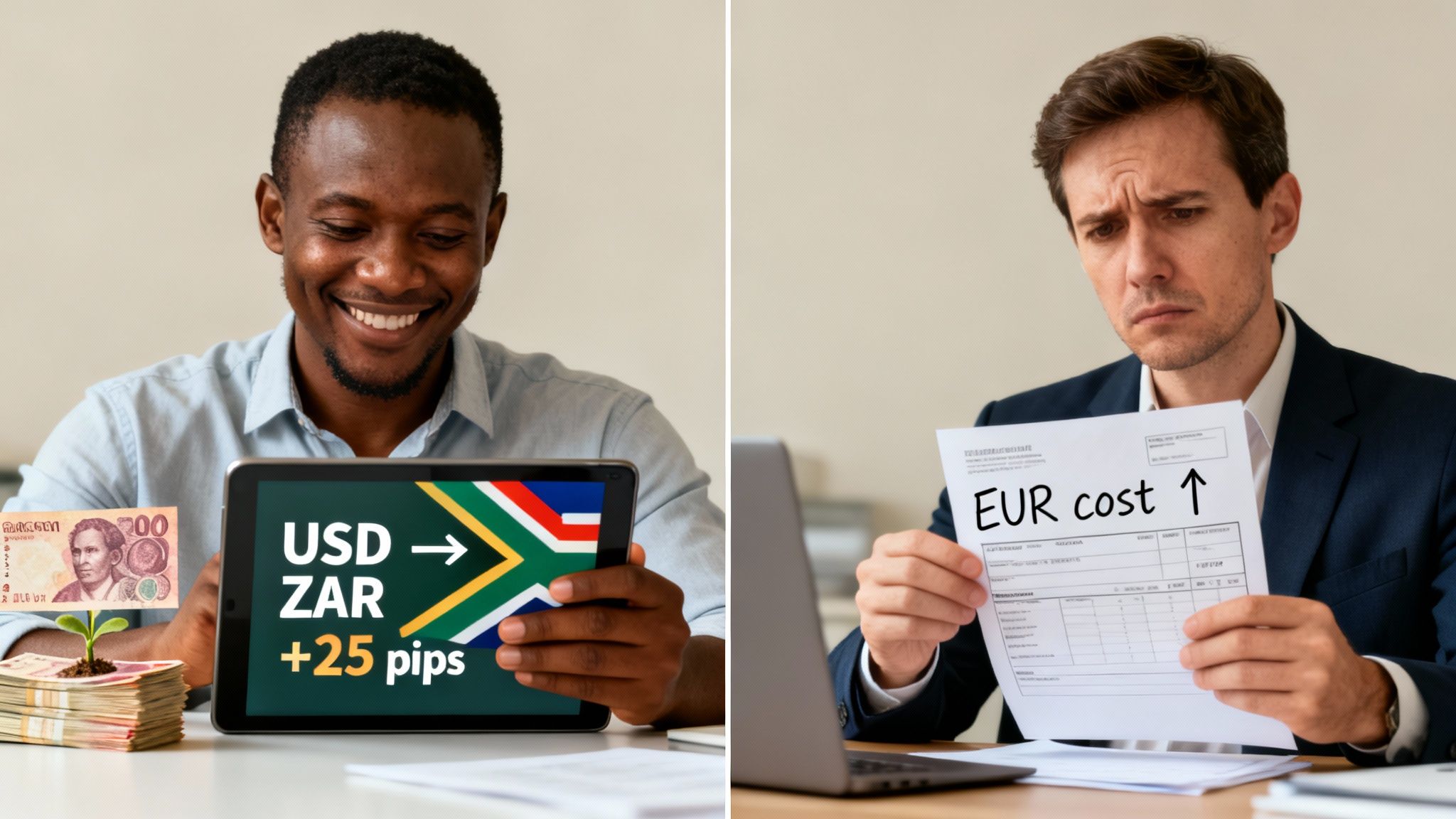 Two men react to currency exchange rates, one happy about USD to ZAR gains, the other worried about EUR cost increase.