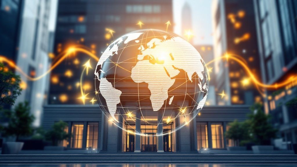 A simplified graphic showing money moving from one country's bank to another through a global network