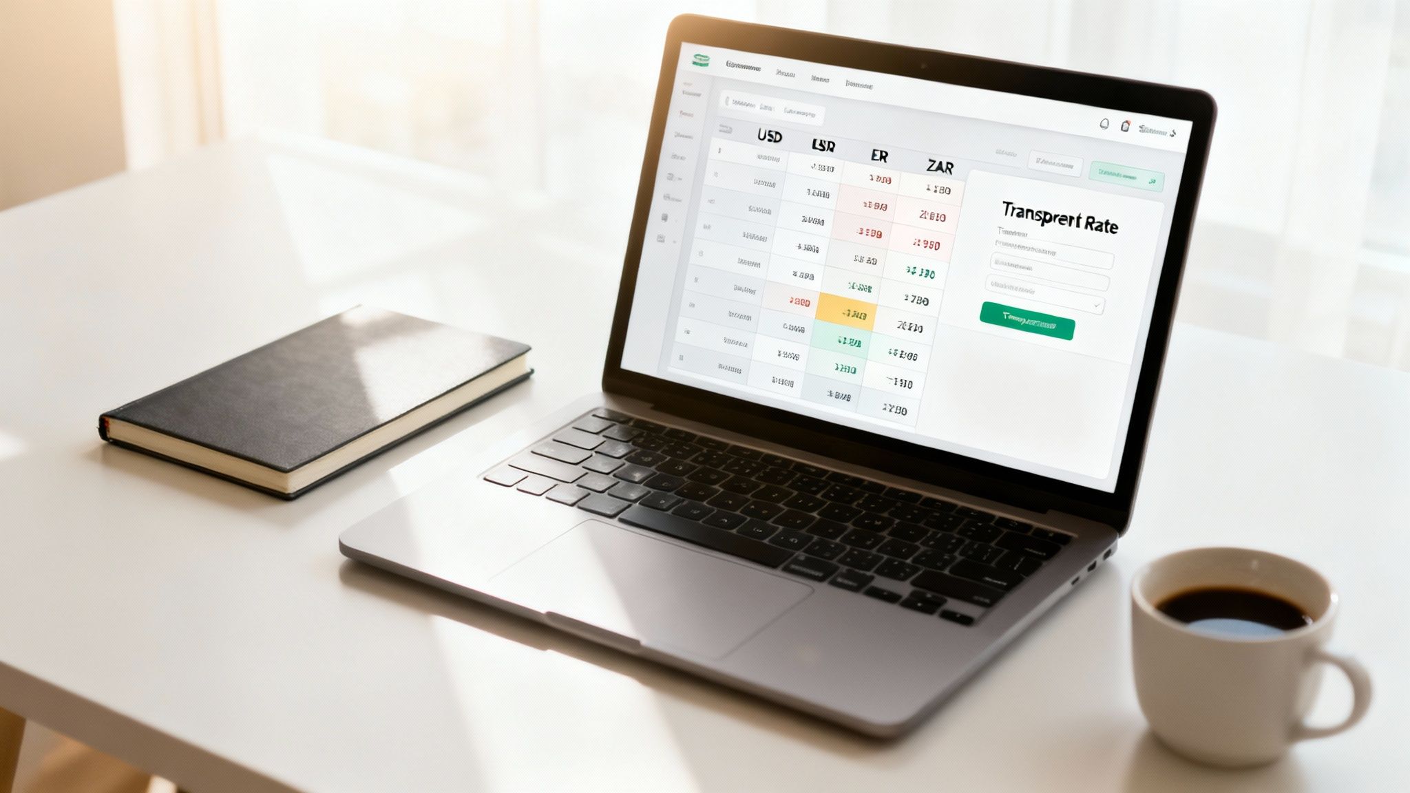 A laptop displaying a currency exchange rate calculator on a bright white desk with a notebook and coffee.