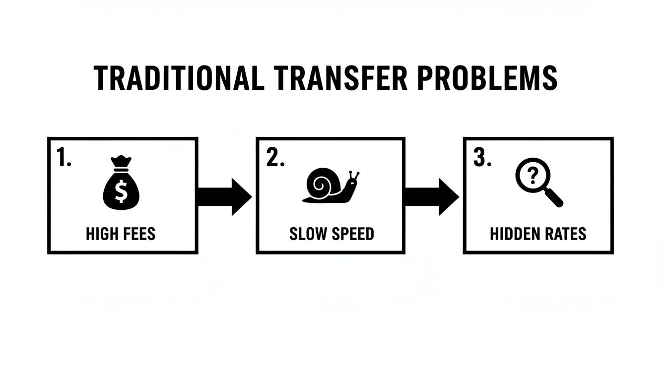 A diagram illustrates traditional money transfer problems: high fees, slow speed, and hidden rates.