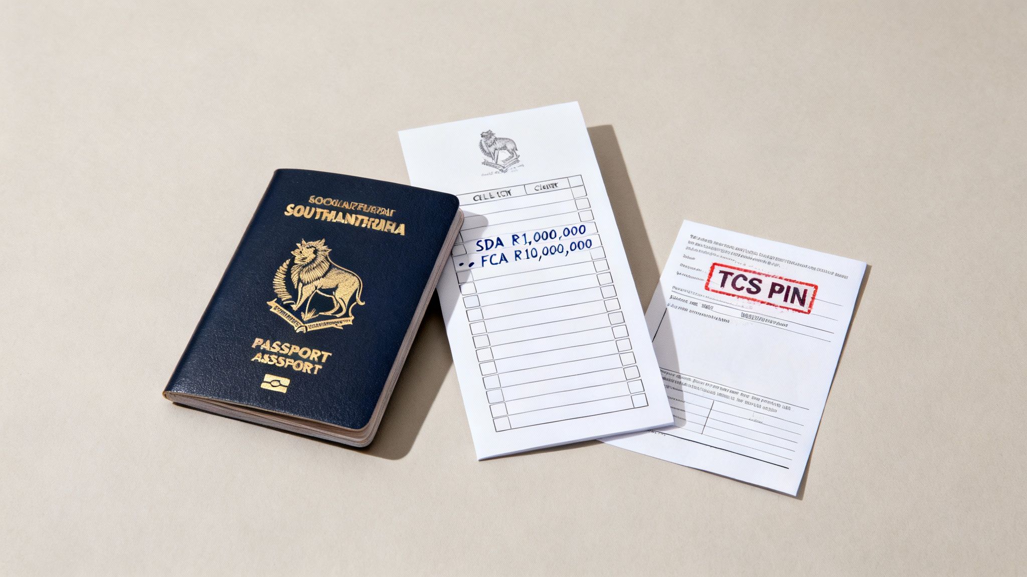 A dark blue passport, financial checklist with amounts, and a TCS PIN document on a light background.