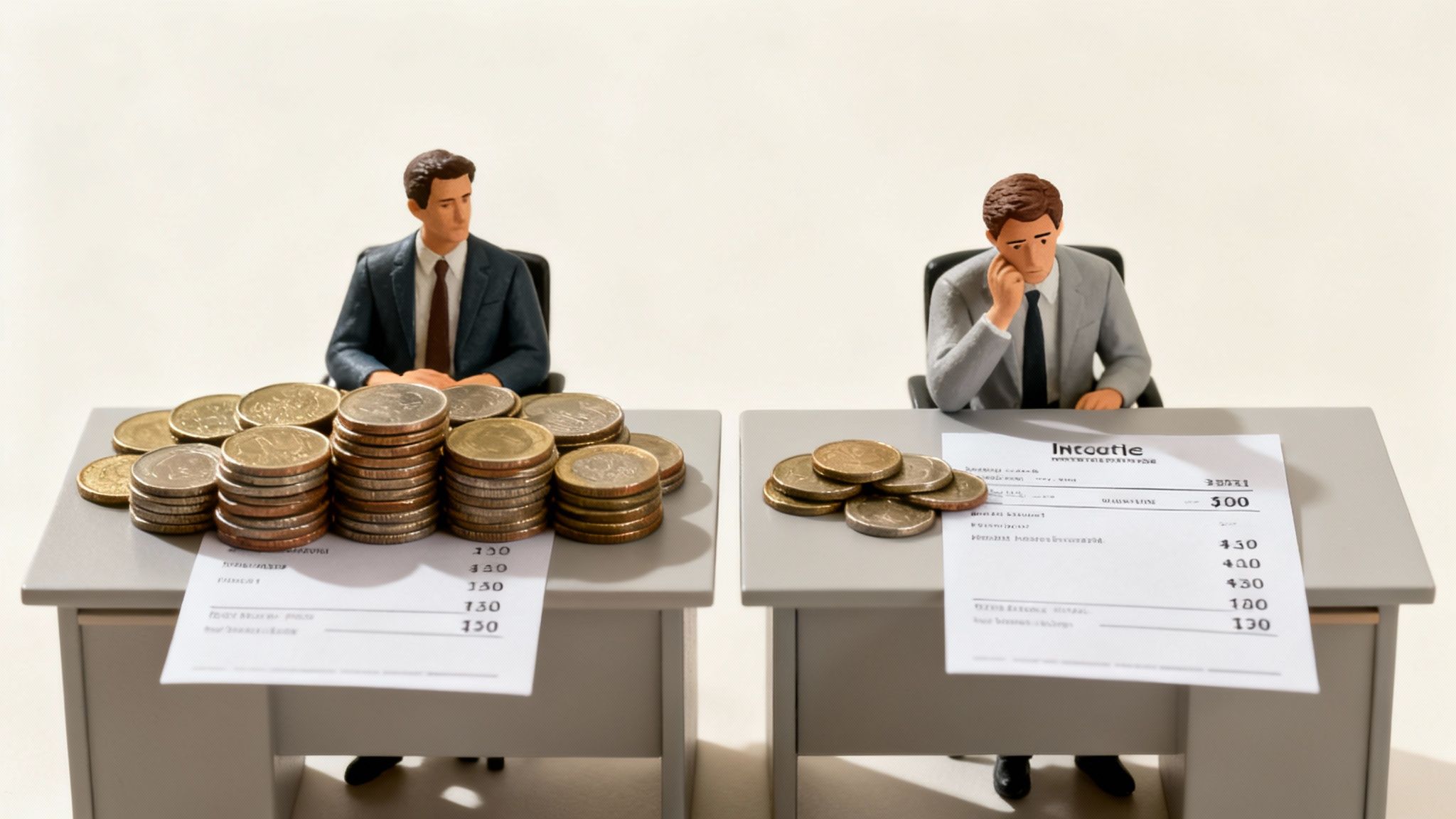 Two business figurines, one with many coins and a happy expression, the other with few coins and a worried look, illustrating financial disparity.