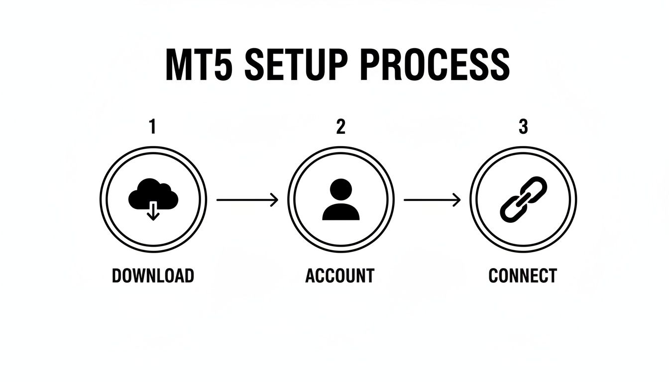A three-step diagram outlining the MT5 setup process: Download, Account, and Connect.