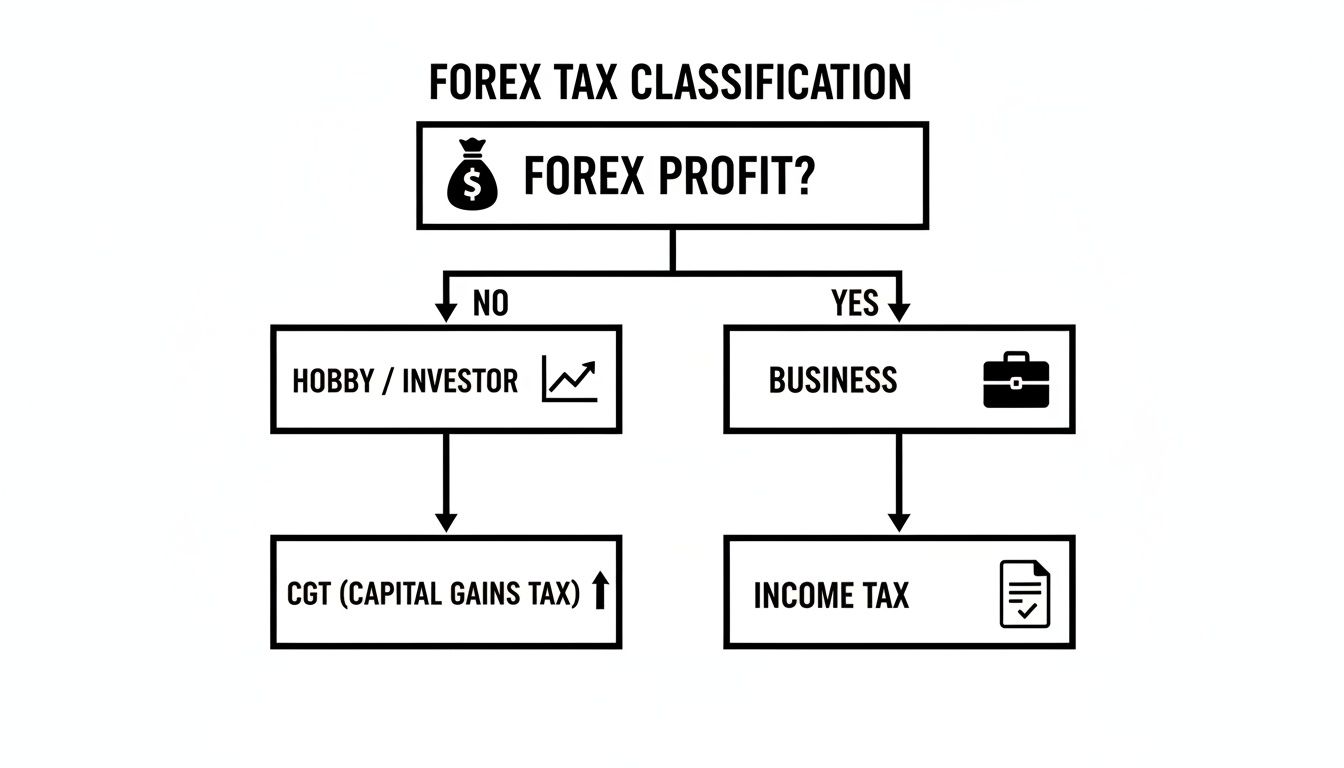 A flowchart detailing Forex profit tax classification, distinguishing between hobby/investor (Capital Gains Tax) and business (Income Tax).