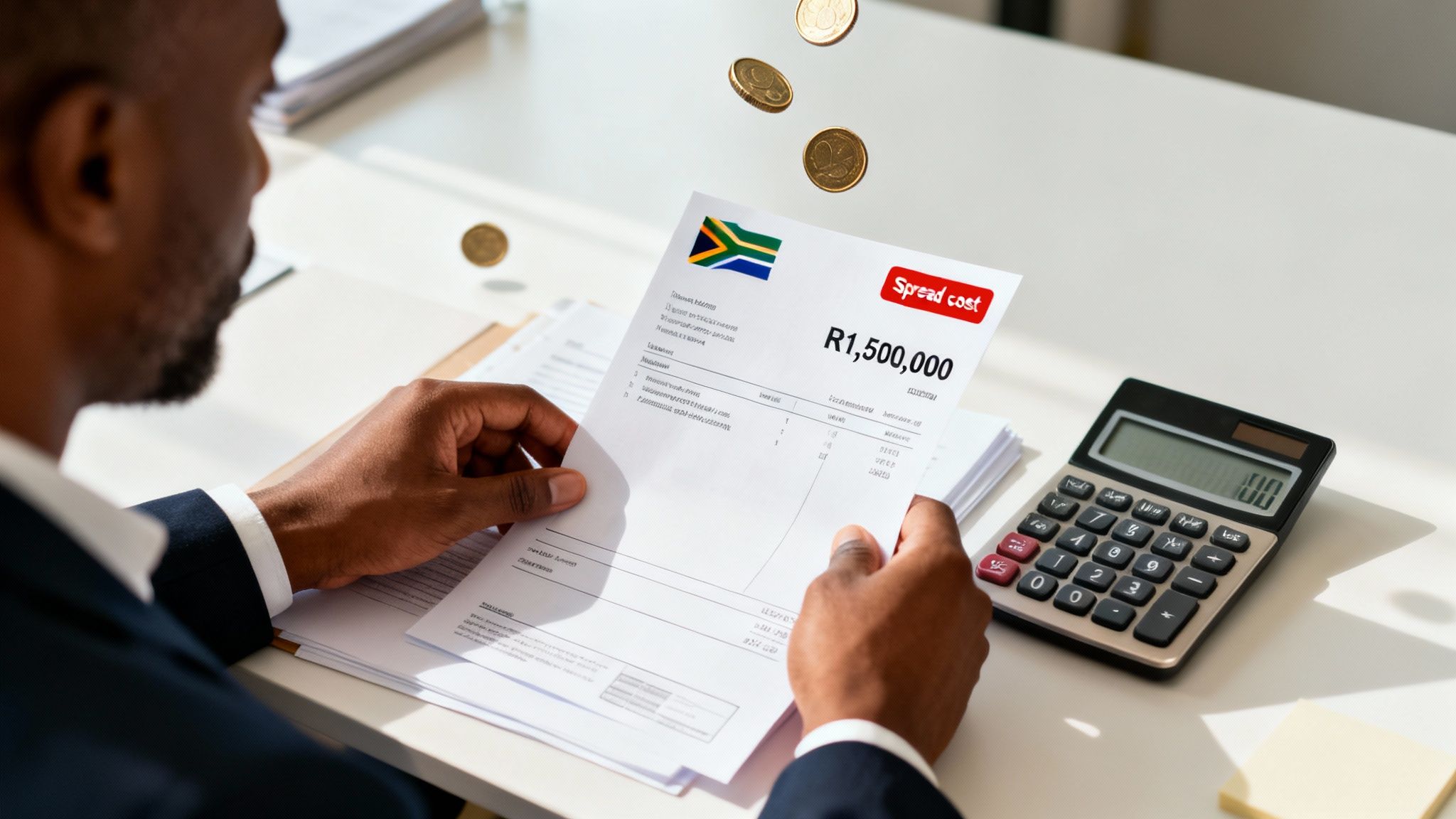 Man reviewing a document with 'Spread cost' and 'R 1,500,000' while coins float, indicating financial analysis.