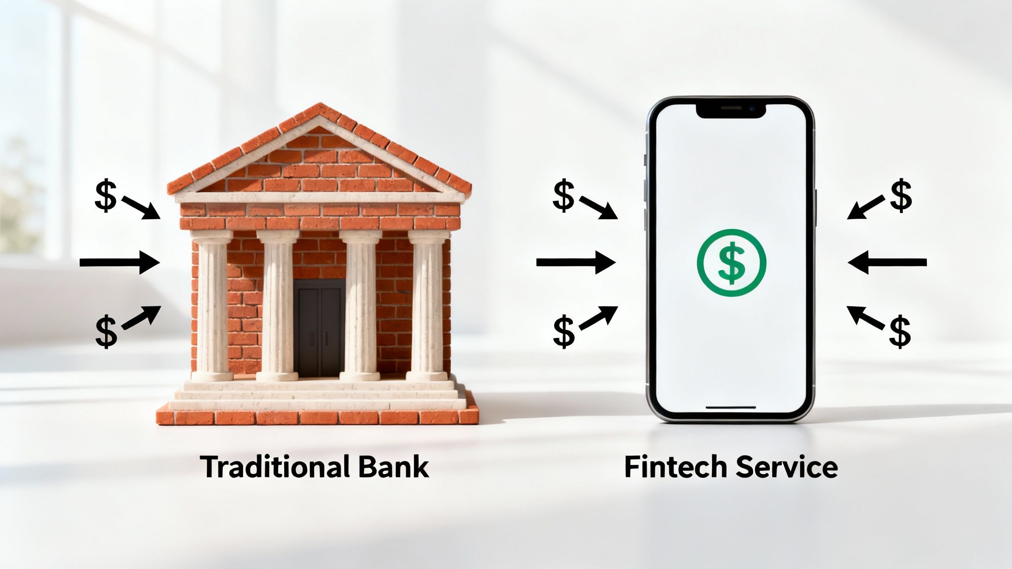 A modern smartphone displaying a clean fintech app interface next to an old, traditional bank building, visually comparing the two approaches to finance.