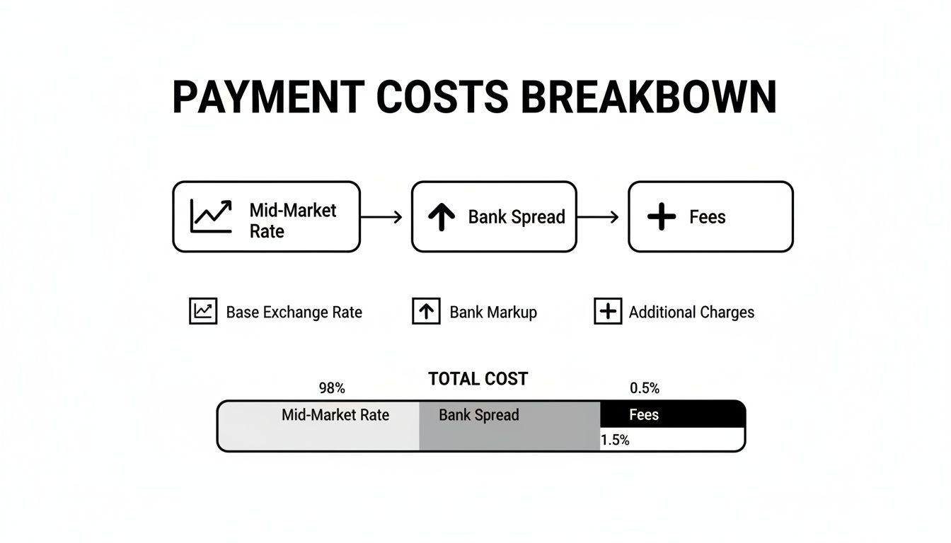 Diagram illustrating a payment costs breakdown, detailing mid-market rate, bank spread, and fees.