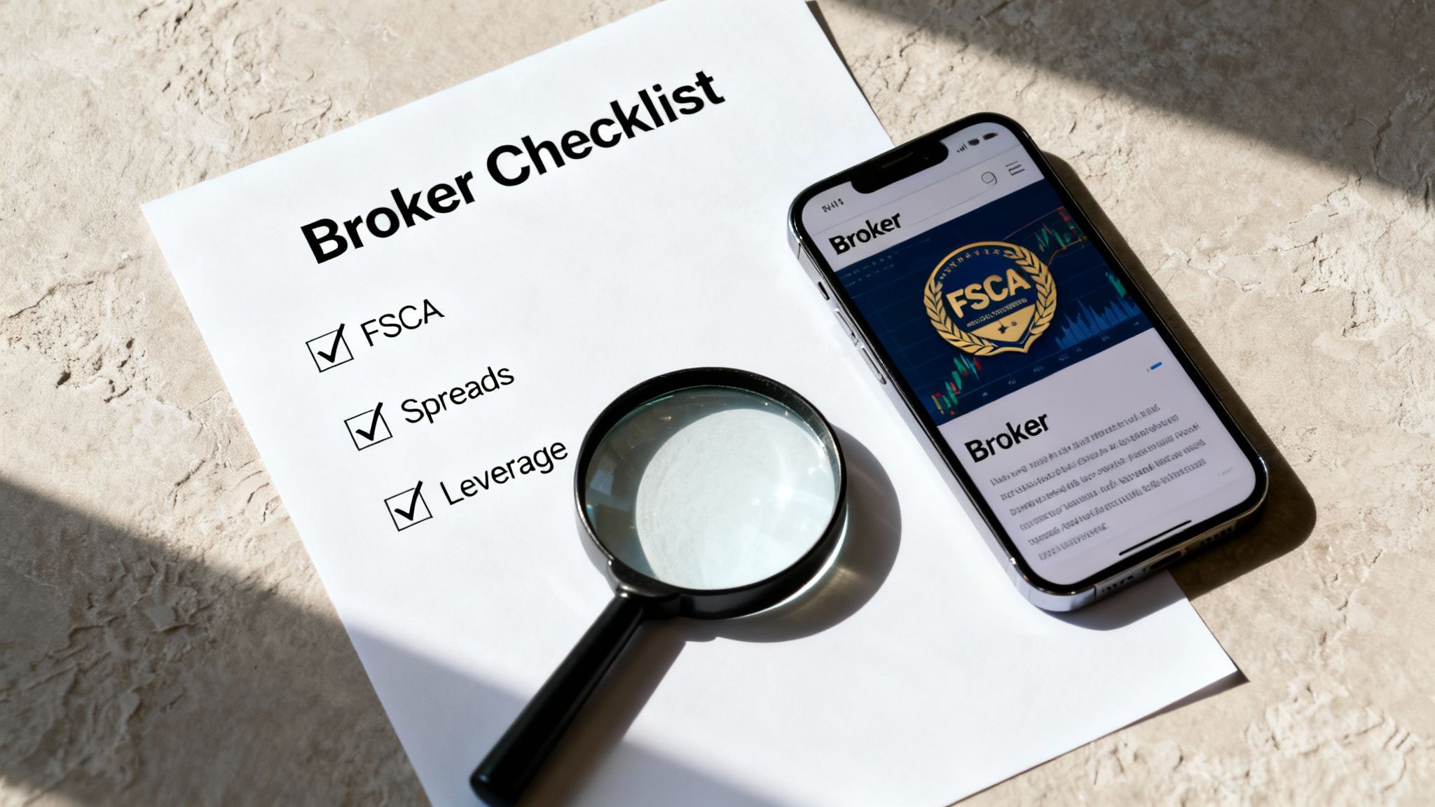 A broker checklist with FSCA, spreads, and leverage checked, alongside a smartphone displaying a broker app and magnifying glass.