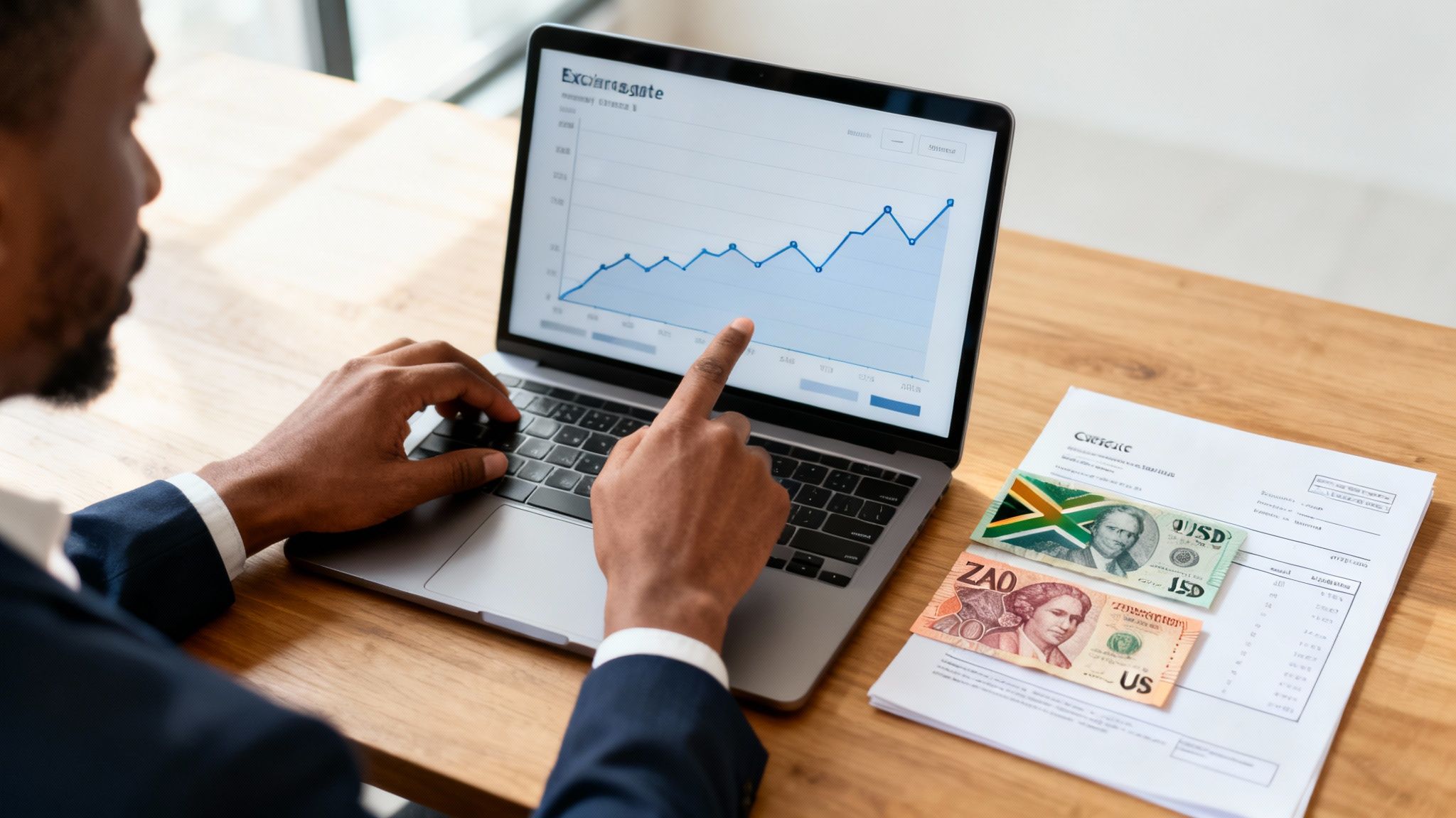 African American man pointing at a rising financial graph on a laptop, with currency notes on desk.