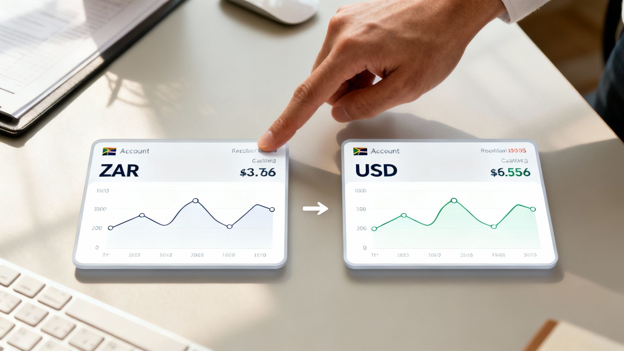 A hand points at a digital display showing ZAR currency conversion to USD, illustrating international money transfer.